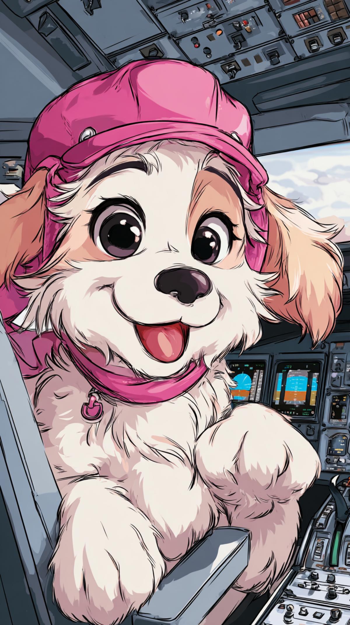 Create a mask character in the form of a cute dog. She should look friendly and playfully, with large expressive eyes and soft wool. The dog wears a pink hat and holds an asterisk in her paws. He controls the plane, sits in the cockpit. Use bright and attractive colors to create an attractive image. The background must be simple and not distracting, for example, in the cabin of the aircraft, to focus on the character. Maskot should radiate positive emotions and be memorable.