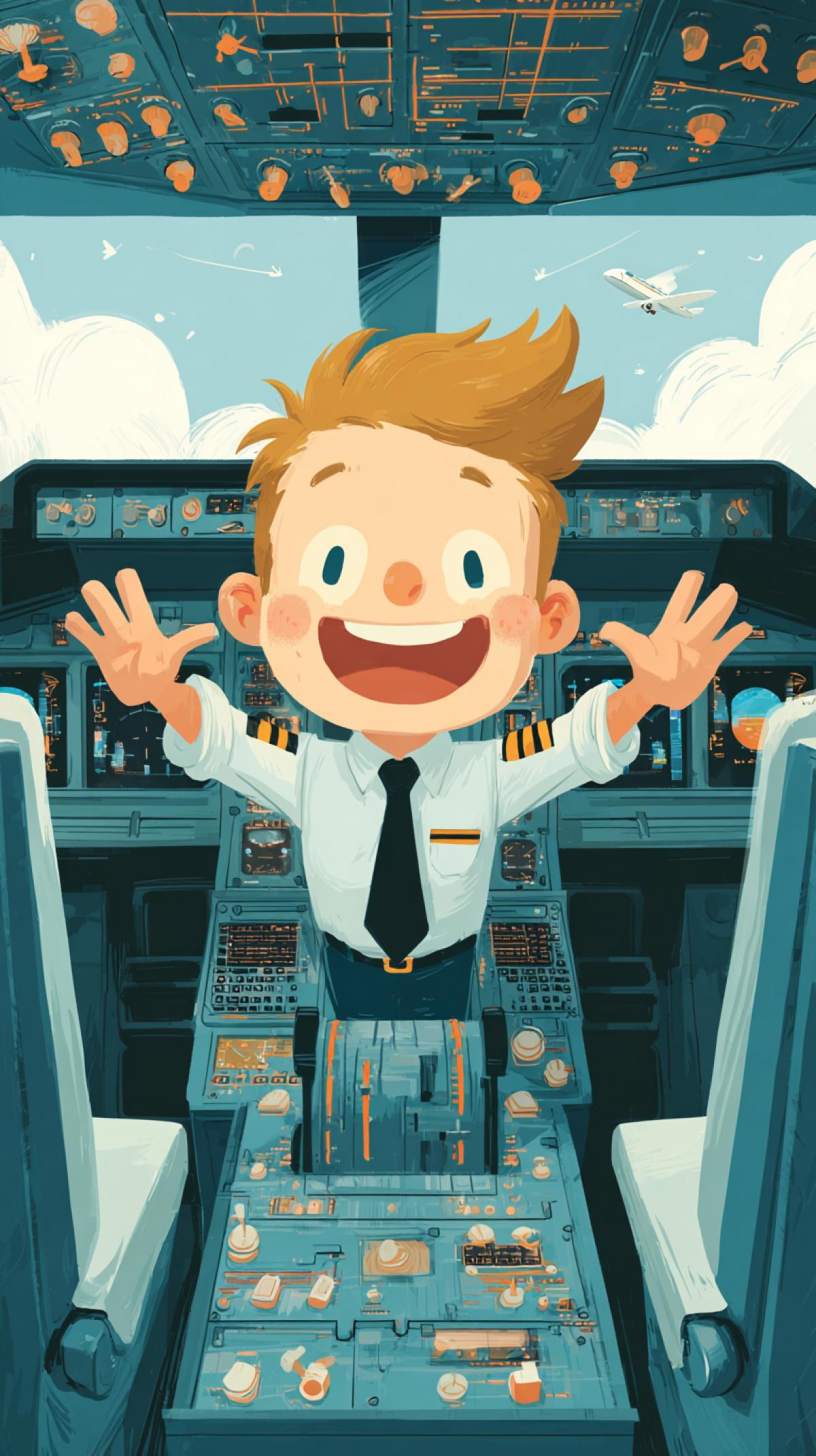 Create a cheerful character in the cockpit in various 4ks. The character should be bright and attractive, demonstrate various emotions, such as happiness, excitement and curiosity. Turn on the 4ks such as waving your hands, jumping and sitting, conducting an airplane, storm. The background should be simple and bright so that the character is more noticeable.