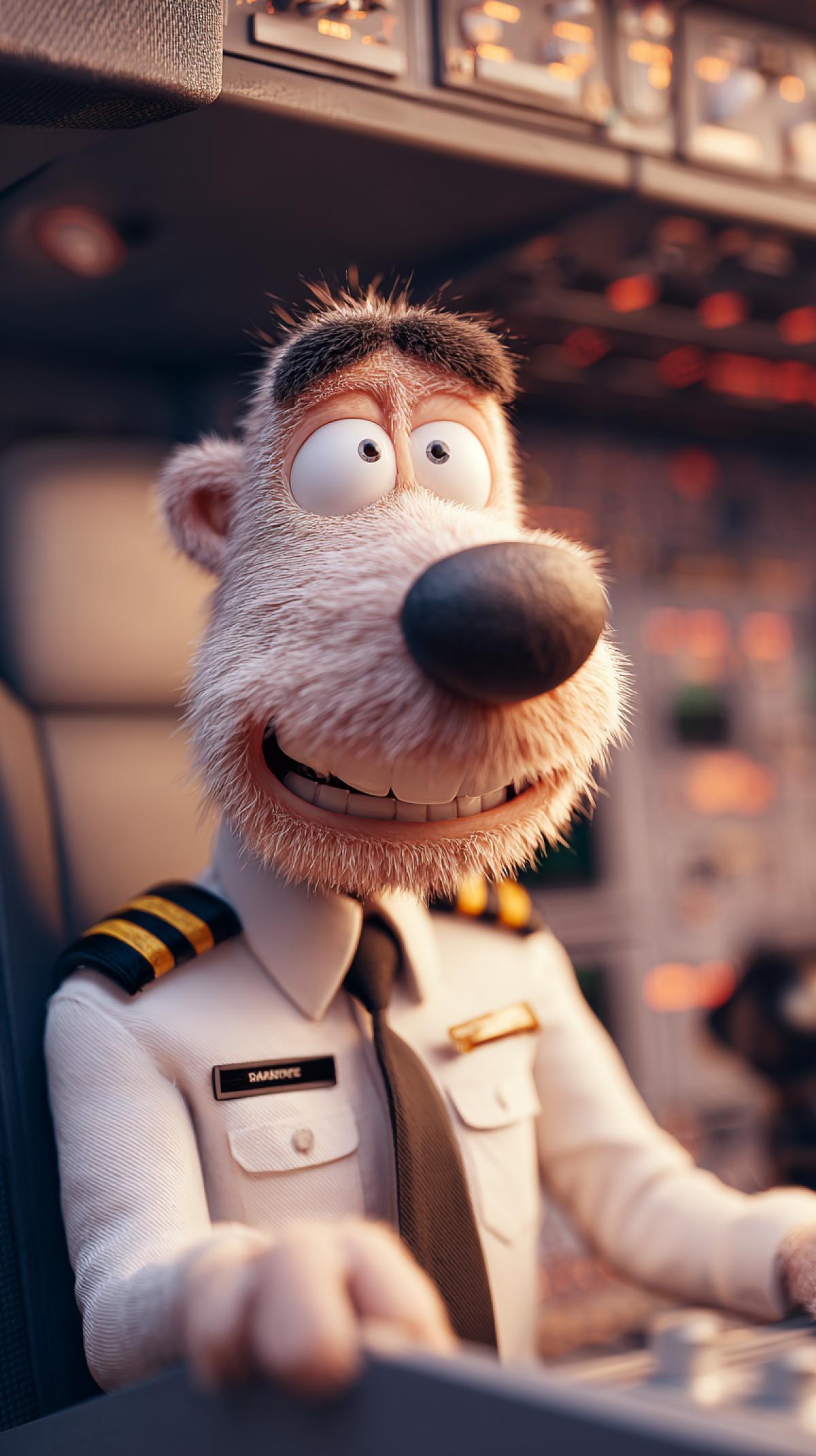 Create a character in the cockpit in an unusual guise. The character should be bright and attractive, demonstrate various emotions, such as happiness, excitement and curiosity. Turn on the 4ks such as jumping and sitting, conducting an airplane, storm. The background should be simple and bright so that the character is more noticeable.
