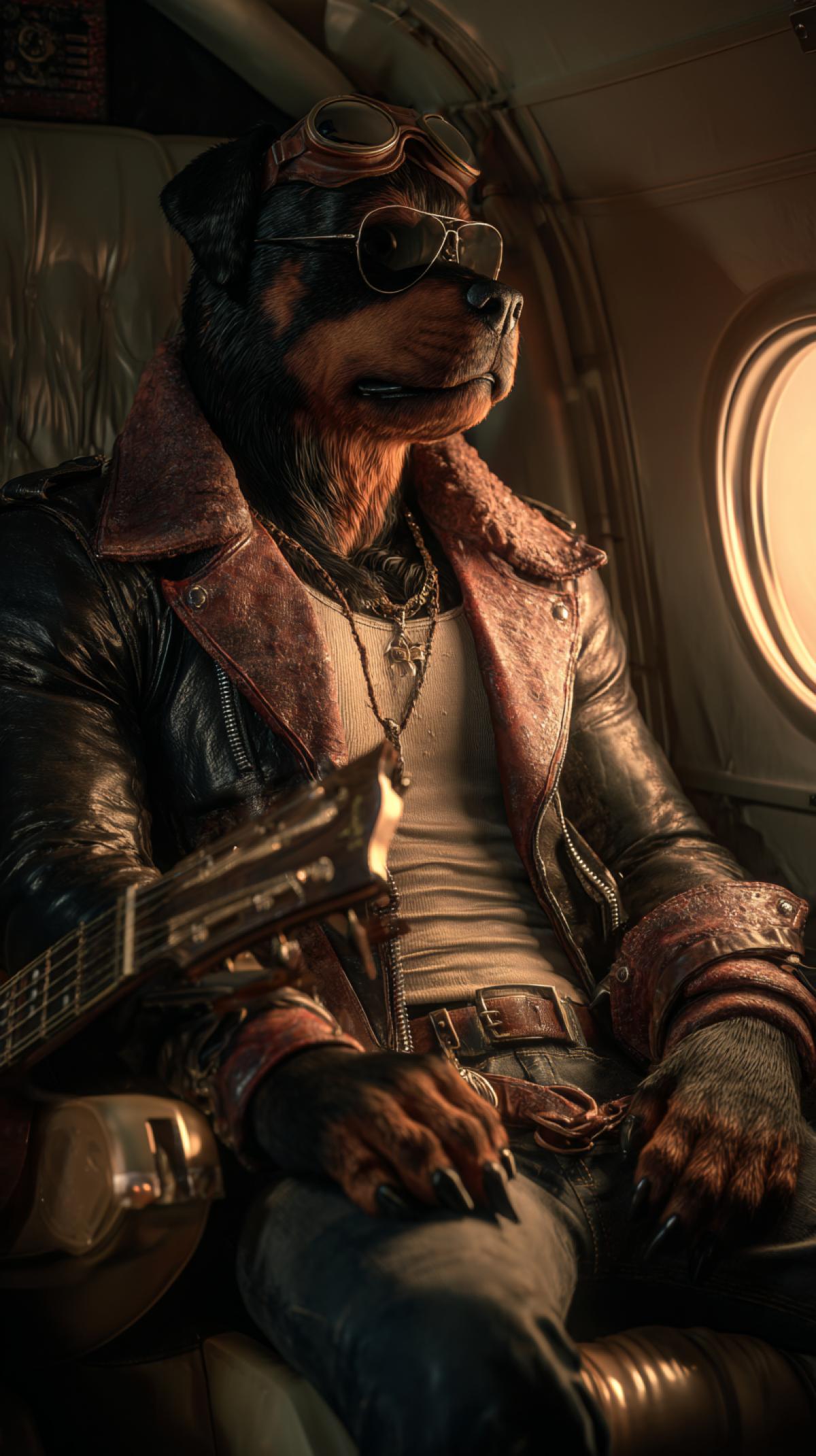 Anthropomorphic rottweiler of athletic physique in a leather jacket, 3D. A rock musician with a guitar in his hand in the cabin of the aircraft is a pilot, looks at the porthole