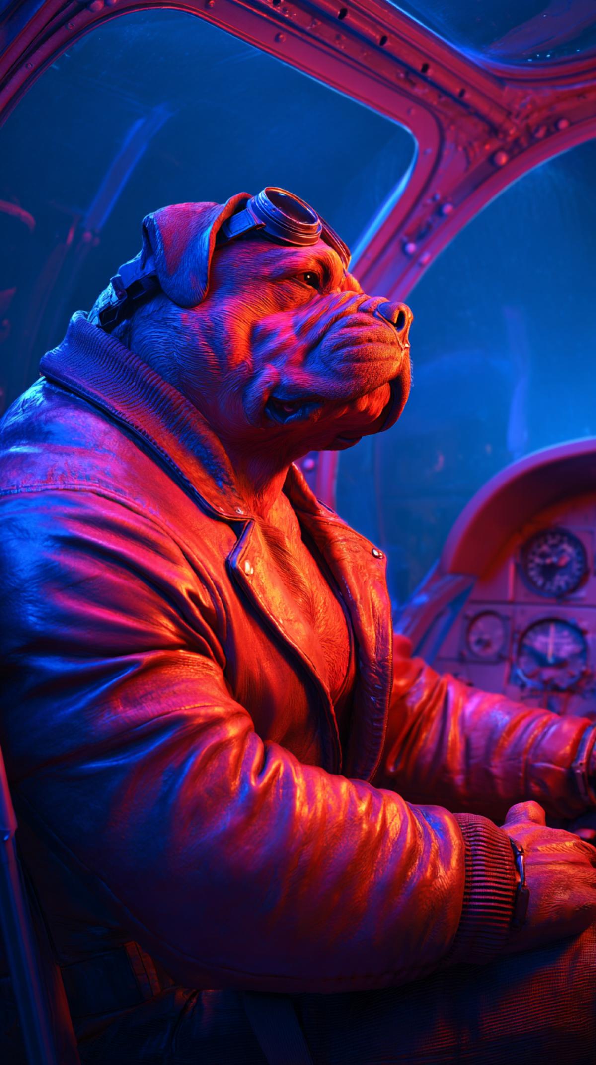 Anthropomorphic rottweiler of athletic physique in a leather jacket, 3D. The rock musician in the cabin of the aircraft is a pilot and controls the aircraft, the aircraft control devices are visible, and looks into the porthole. Neon style