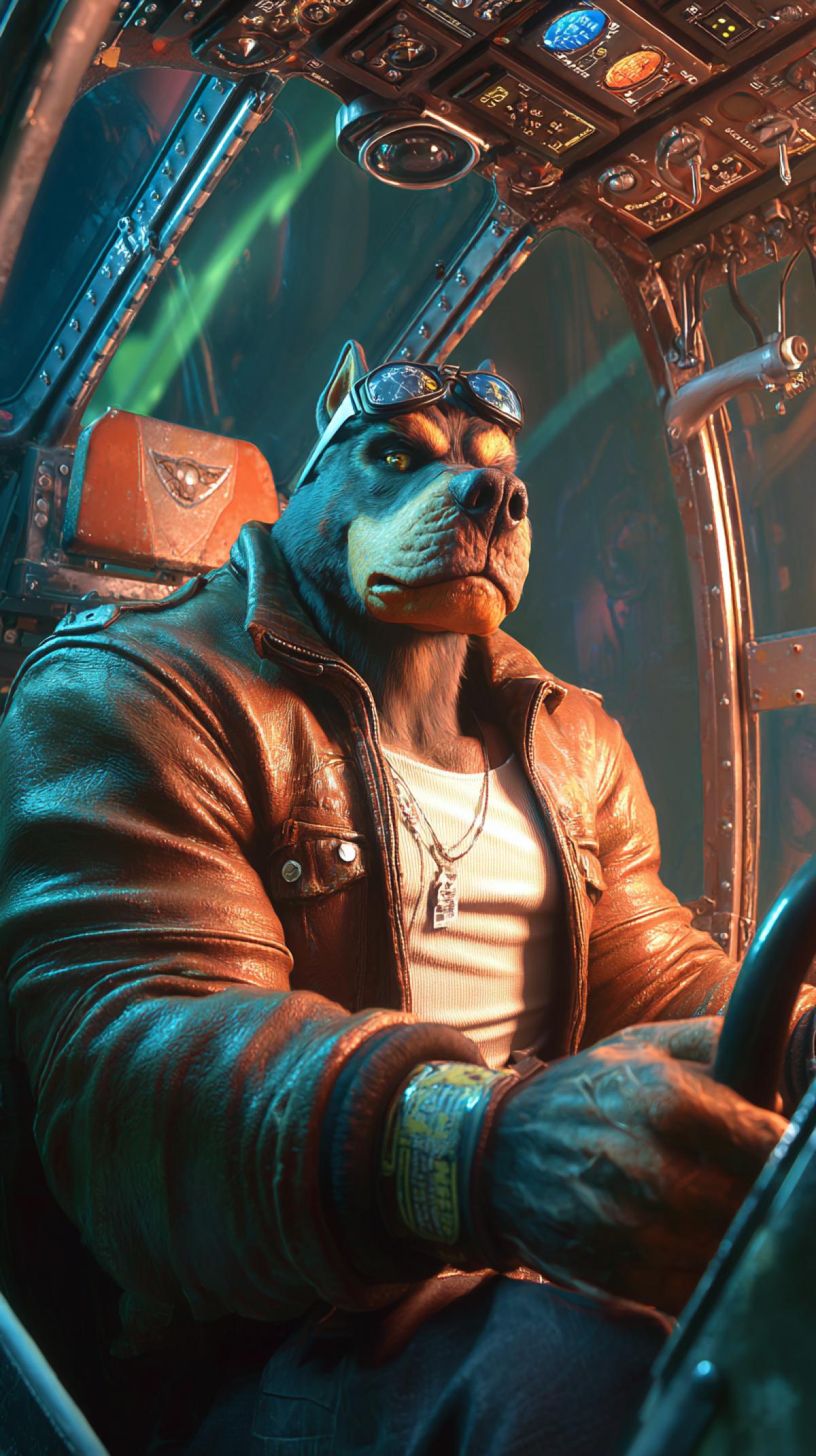 Anthropomorphic rottweiler of athletic physique in a leather jacket, 3D. The rock musician in the cabin of the aircraft is a pilot and controls the aircraft, the aircraft control devices are visible, and looks into the porthole. Neon style