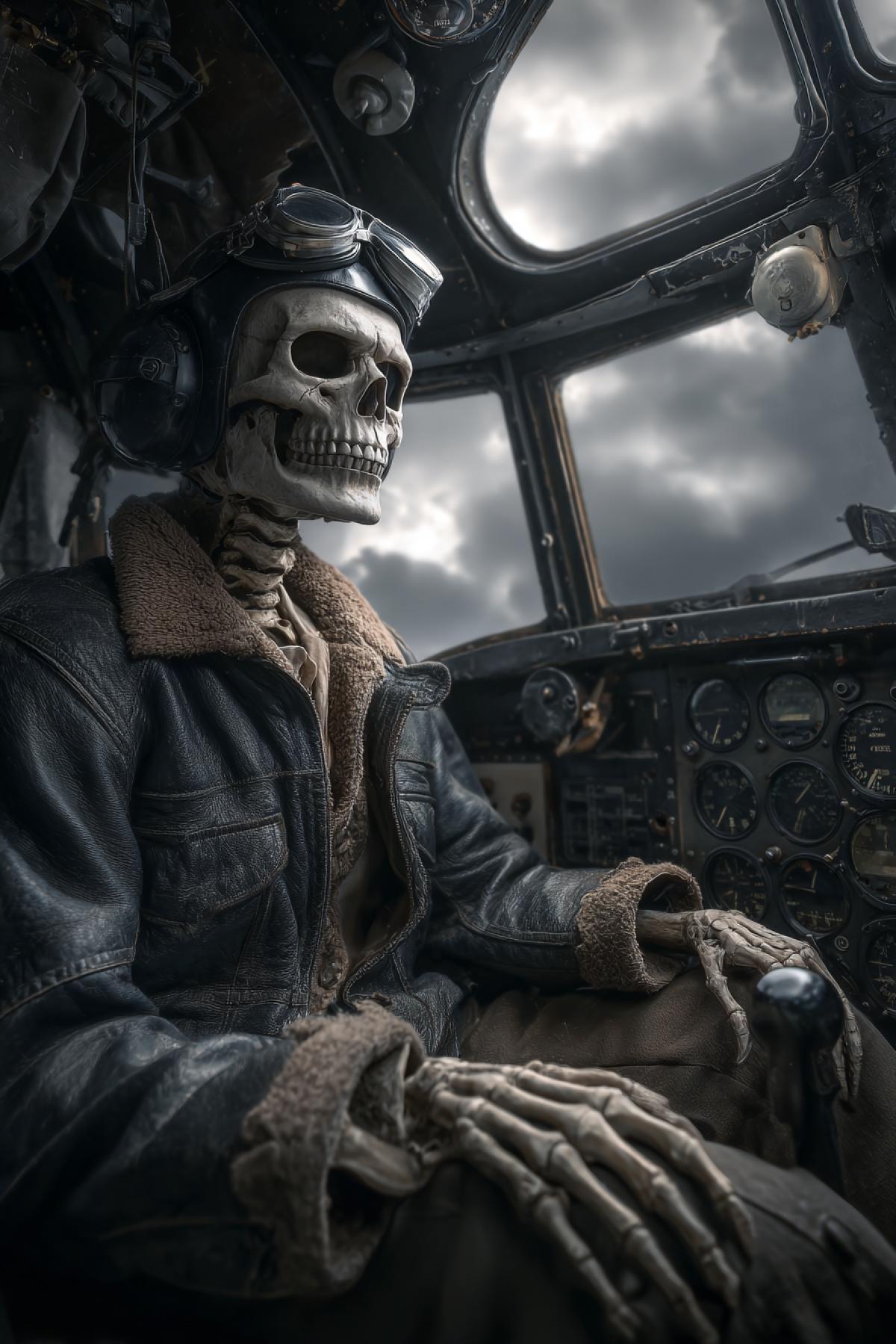 A WW2-era pilot in a tattered leather jacket floats in the cockpit of a modern passenger plane. His skeletal hands grip the controls, but the instruments respond on their own. Outside the window swirling storm clouds forming faces of lost squadron mates. 16K supernatural realism, style of ‘Twilight Zone’ meets aviation photography, eerie cold lighting