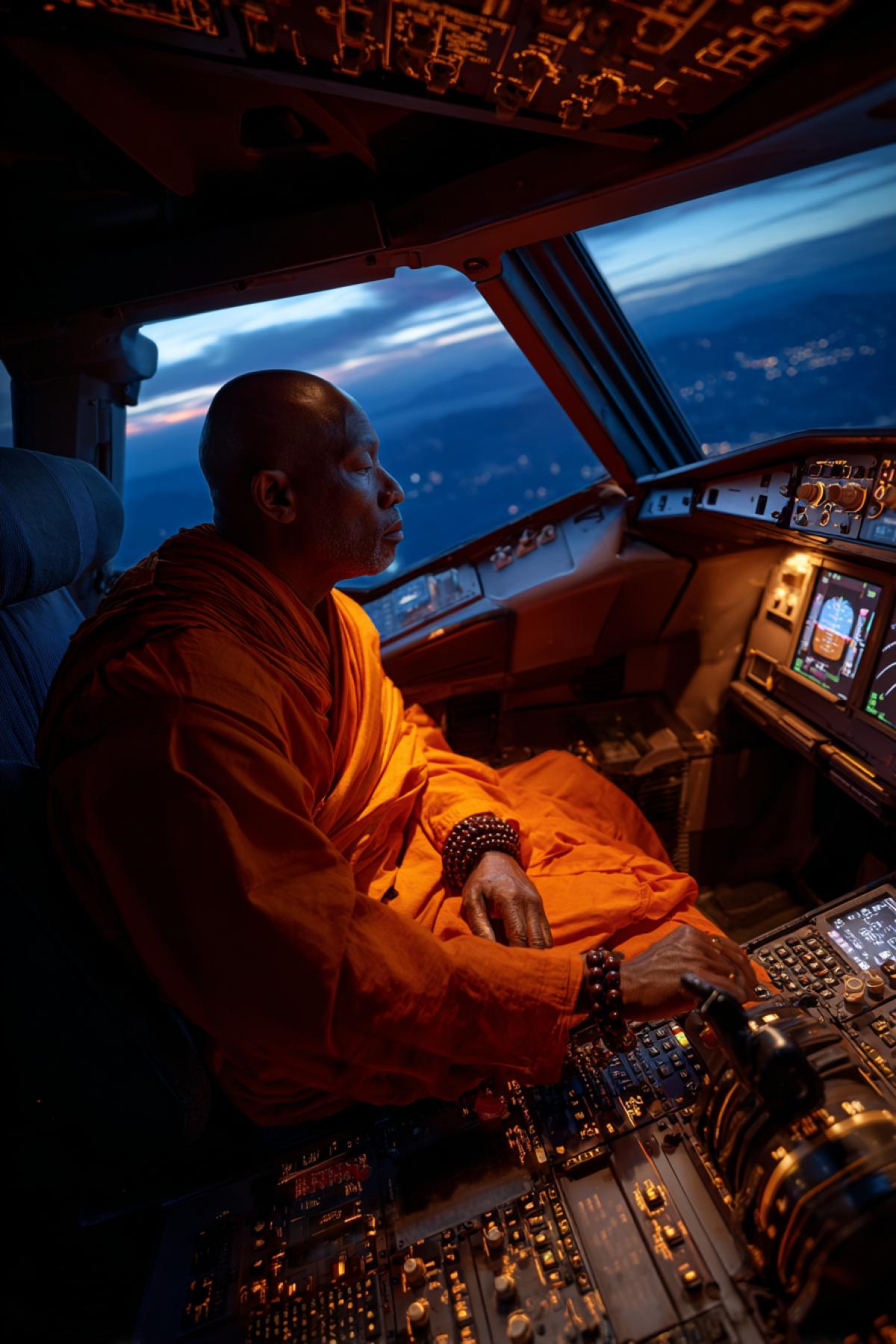 high-resolution photo, a monk in traditional orange robes calmly piloting a commercial airliner, luxury feet on rudder pedals, serene face, prayer beads on wrist, glowing instrument panel, peaceful sky through cockpit window