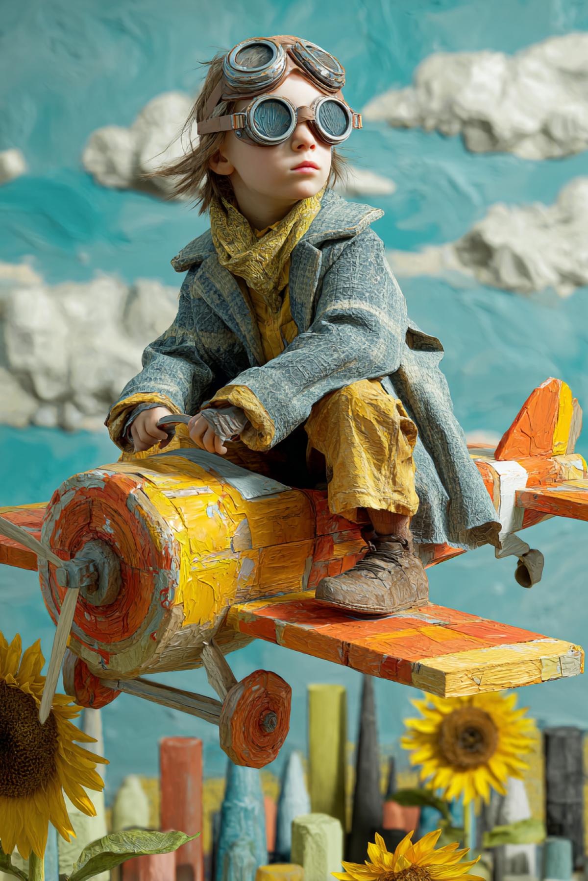 A 7-year-old in oversized aviator goggles ‘pilots’ a cardboard plane mounted on a sunflower stalk. The landscape below is a patchwork of childhood memories big crayons as skyscrapers, spilled milk lakes. 8K whimsical realism, style of ‘The Secret Life of Walter Mitty’ meets Studio Ghibli