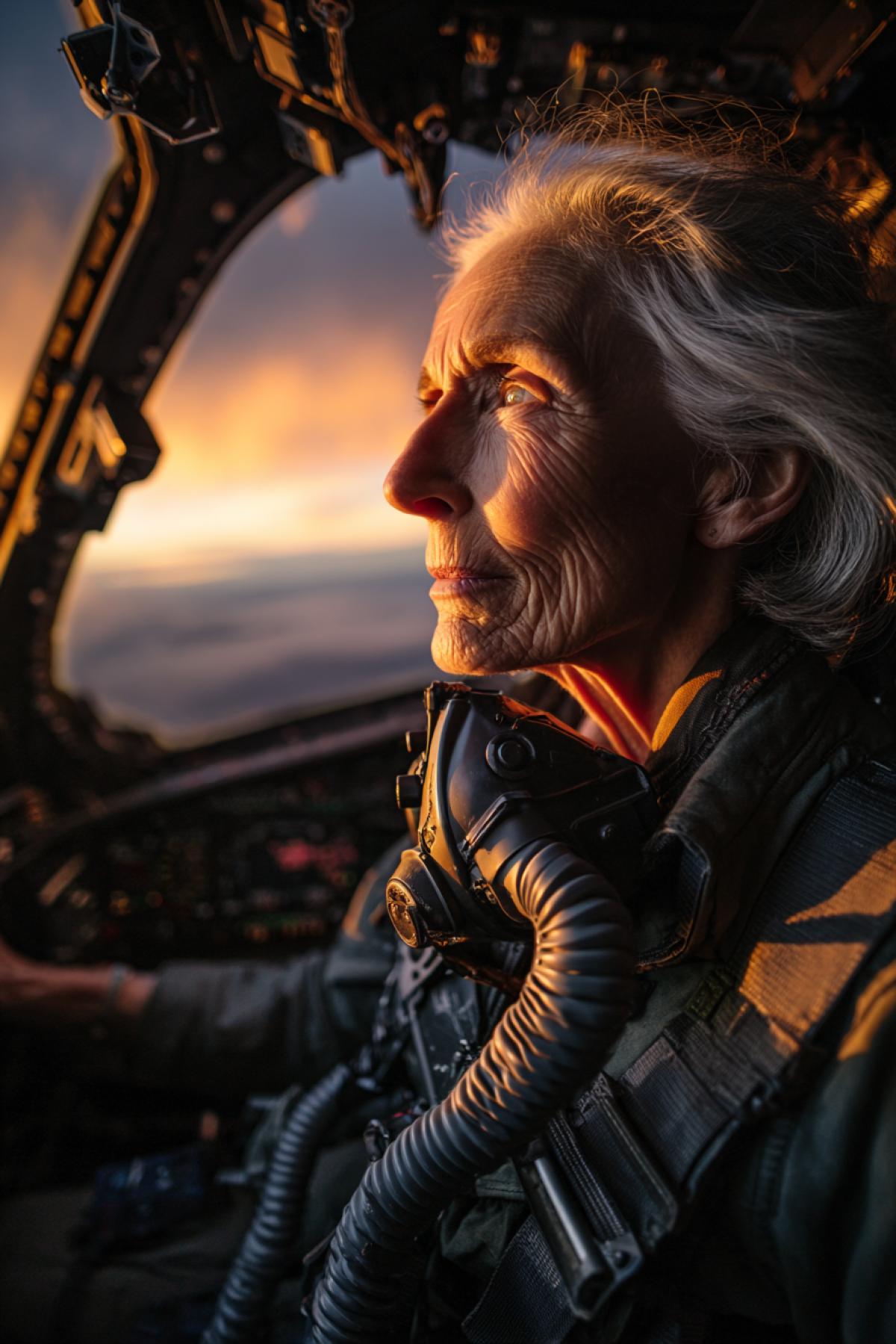 ultra-realistic photo, an elderly woman with silver hair in a sleek pilot uniform flying a military fighter jet, oxygen mask off, calm expression, cockpit glowing with control lights, sunset clouds outside, surreal contrast