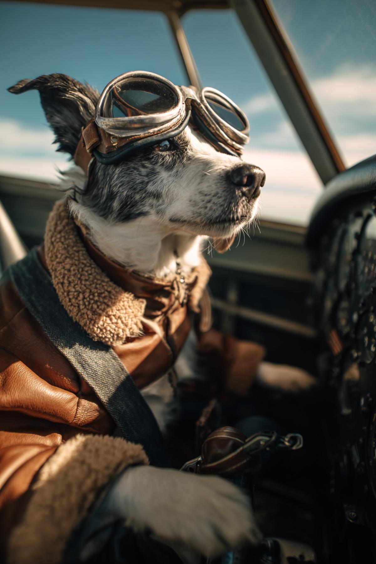 cinematic photo, a dog wearing custom aviator goggles and a pilot jacket sitting in the cockpit of a small vintage airplane, paws on the control stick, clear sky outside, humorous and surreal scene, shallow depth of field