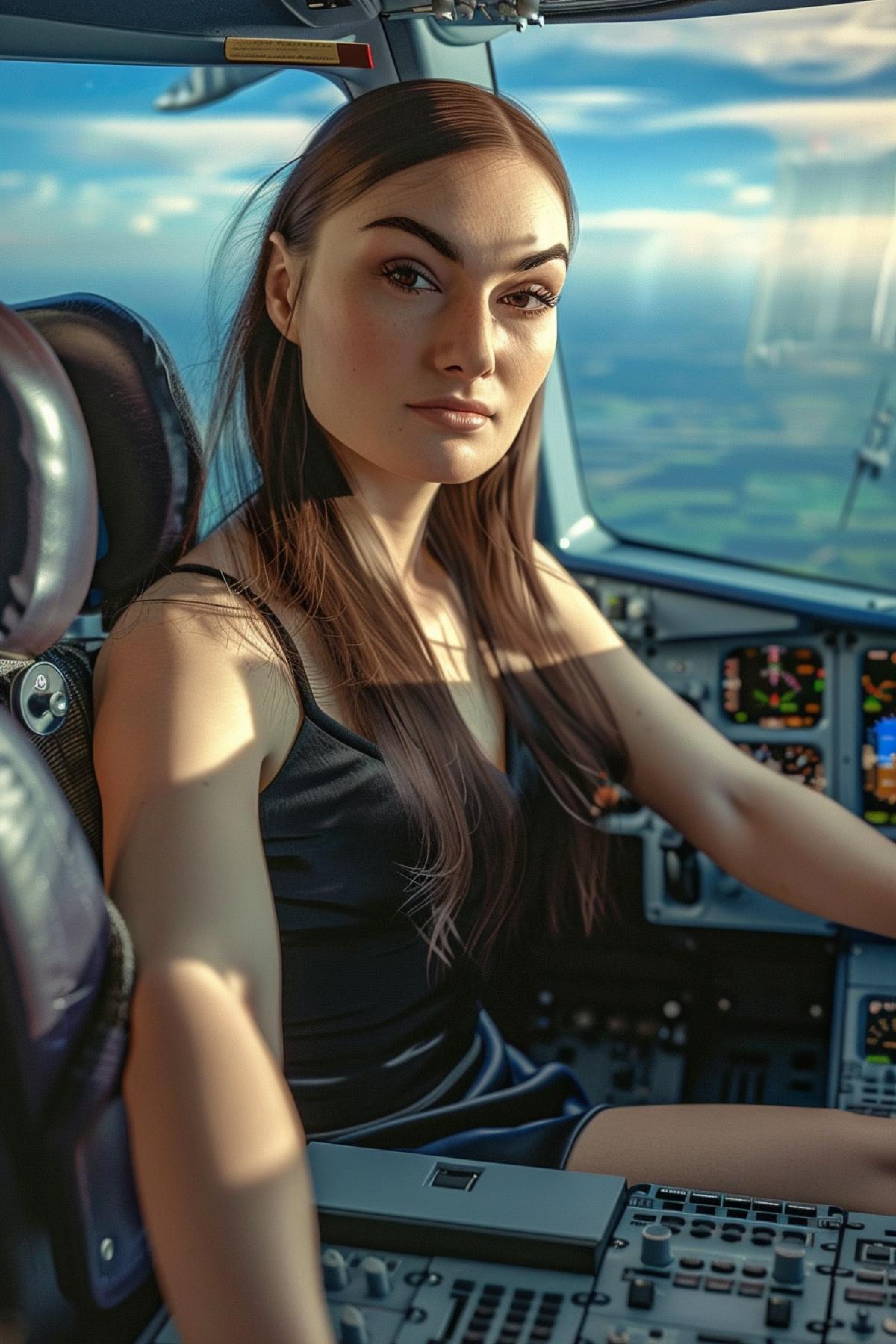 A luxuryly beautiful girl in a luxury flight suit (short skirt, top) confidently controls a transatlantic airliner. She sits at the helm of a modern aircraft, her long legs gracefully touching the pedals. Panoramic cockpit view with endless sky and clouds outside. Mix of uality andedge technology. Ultra-realism, detailed textures, 8K, cinematic lighting.