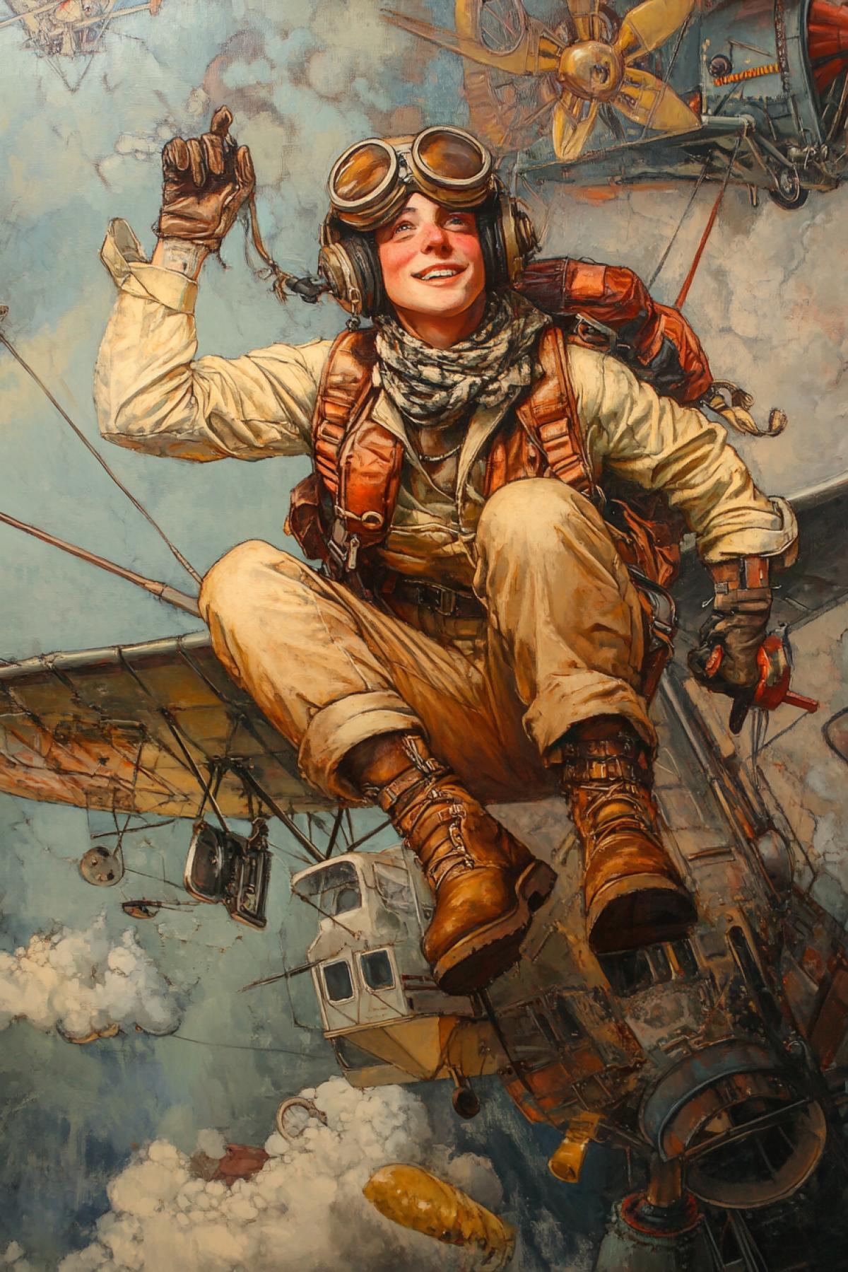 Imagine a pilot that goes beyond the usual image, pilot, cheerful, brave, slightly crazy in the style of fantasy