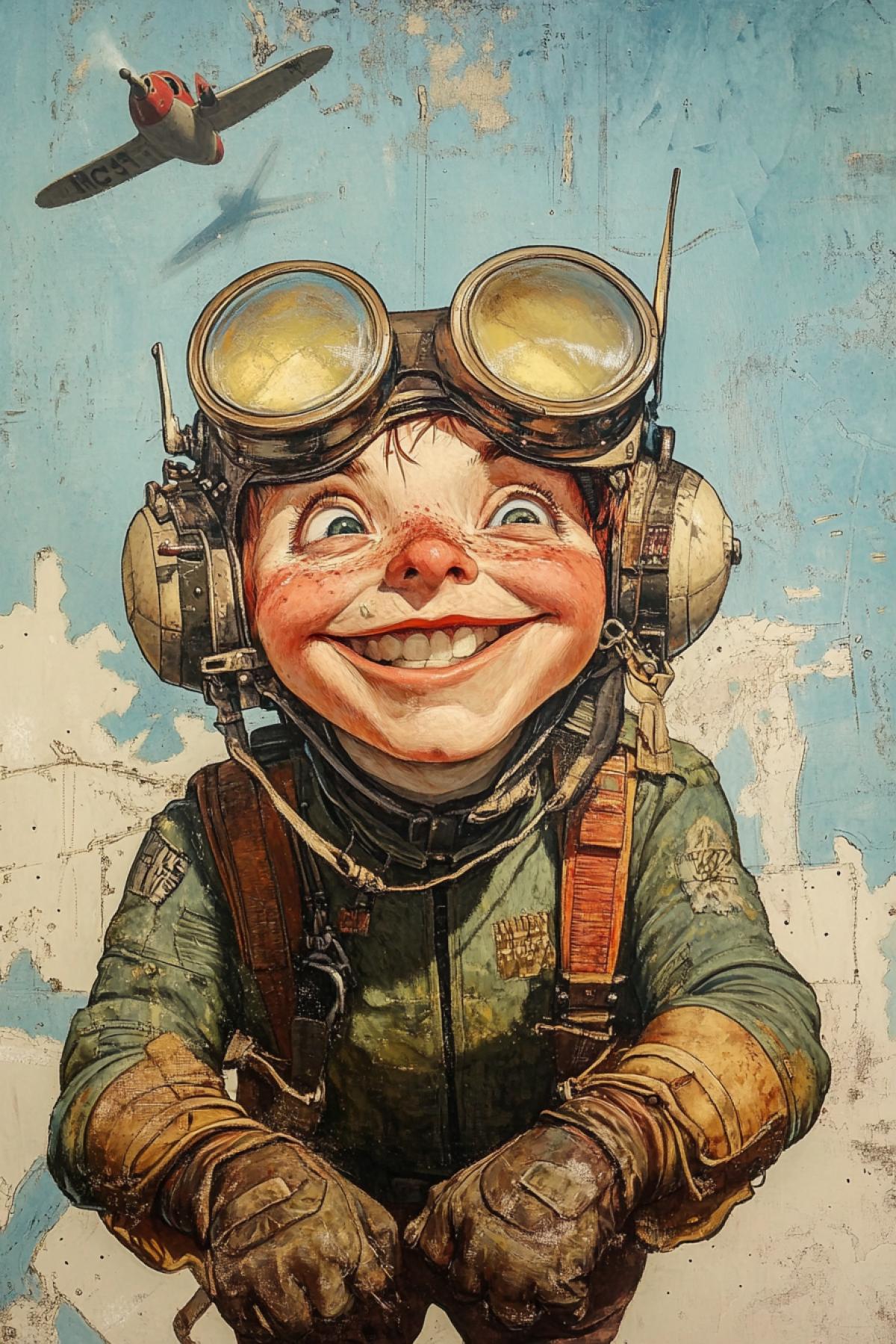 Imagine a pilot that goes beyond the usual image, pilot, cheerful, brave, slightly crazy in the style of fantasy