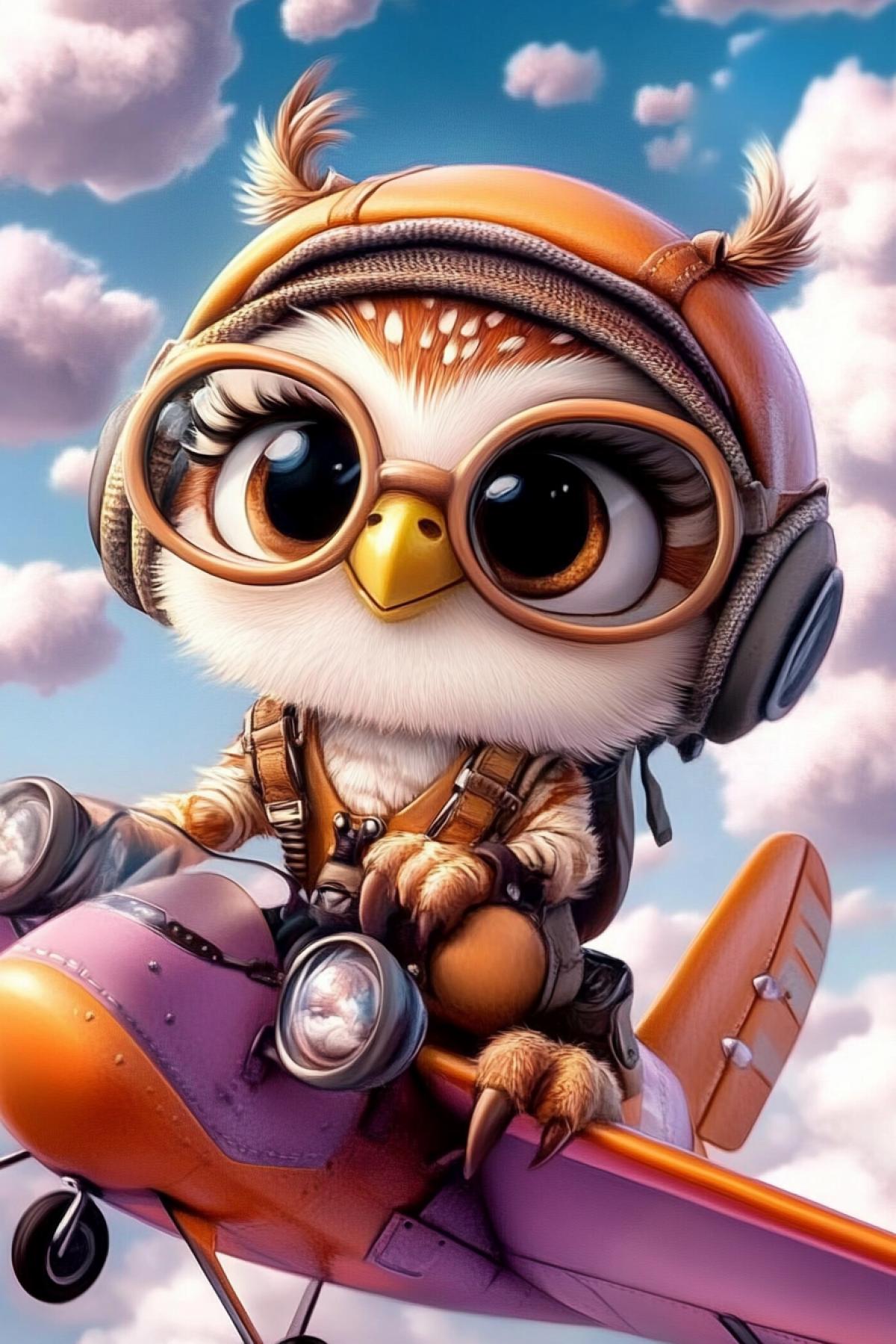 PixAr,3d.A charming little owl pilot at the controls of a small airplane. Pilot glasses, helmet. Surrounded by bizarre fluffy clouds. Bright colors, oil paints