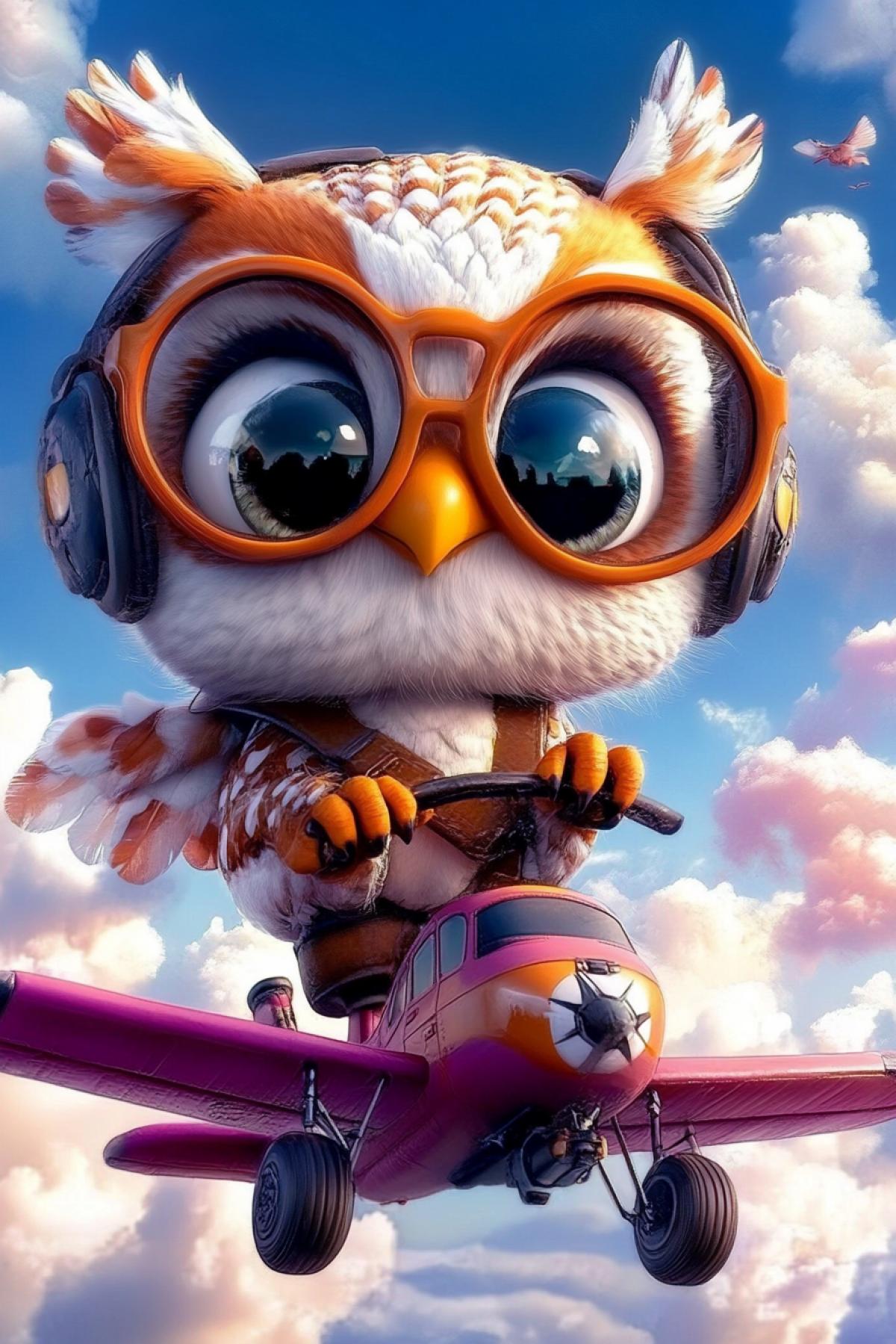 PixAr,3d.A charming little owl pilot at the controls of a small airplane. Pilot glasses, helmet. Surrounded by bizarre fluffy clouds. Bright colors, oil paints