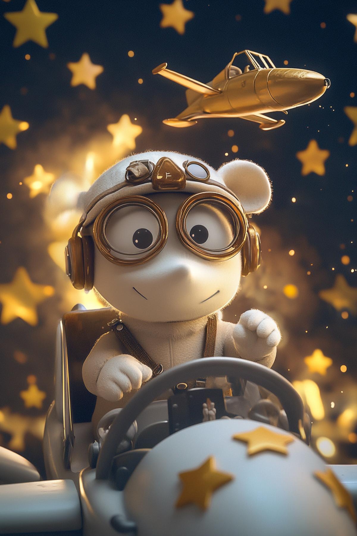 PixAr. Charming white Moomintroll pilot at the controls of a small white airplane. Pilot glasses, helmet. Against the background of space with a cartoon flying camet, golden stars, oil paints