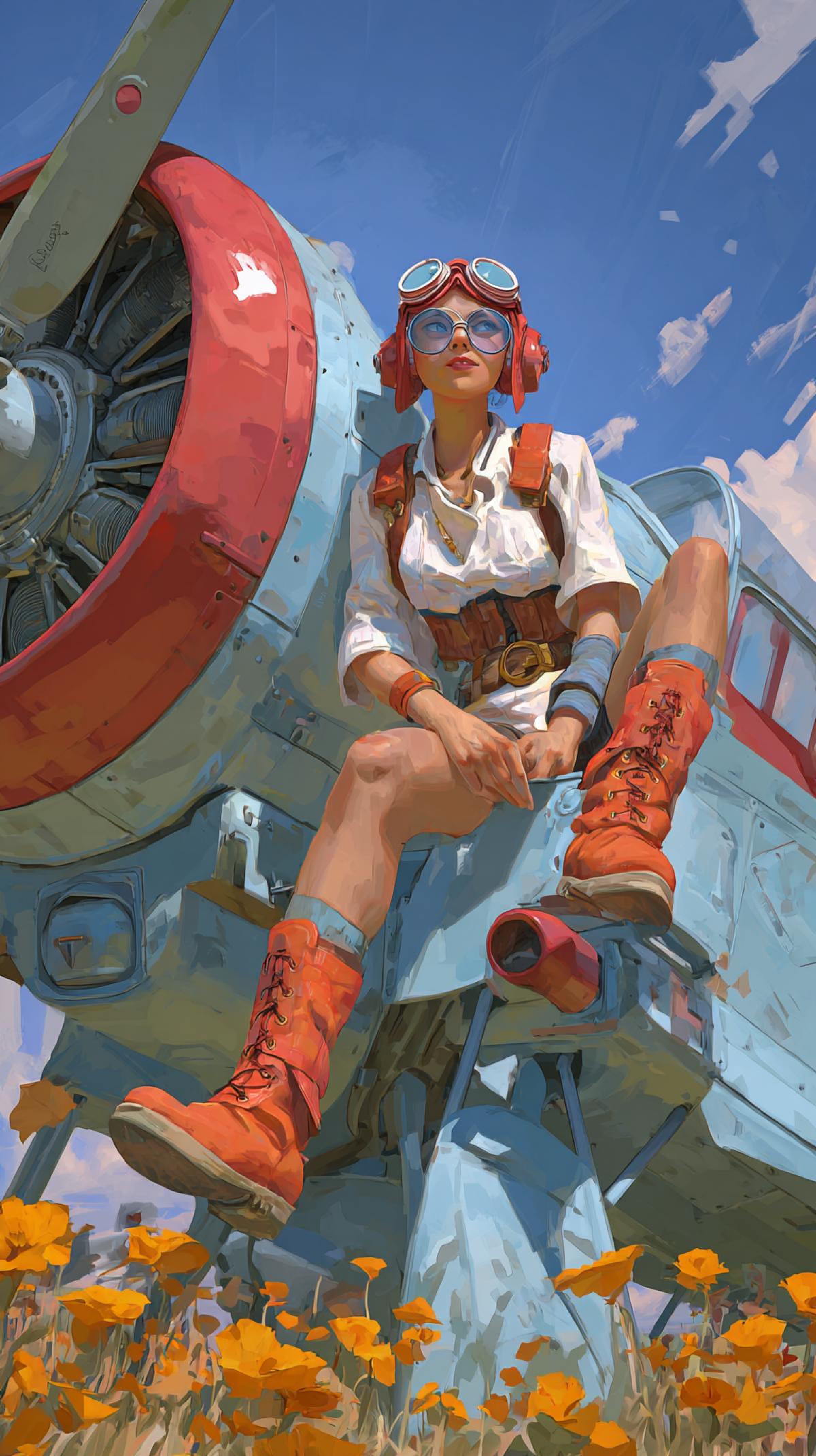 Work in the style of Paul Bonner, a beautiful woman-pilot, sitting on the engine of her retro-fluorist flying machine with a bizarre haircut and short shorts, orange boots, glasses, white deserts in the background, shining sun, blue sky, bold flowers and detailed, high-quality illustration from ArtStation.