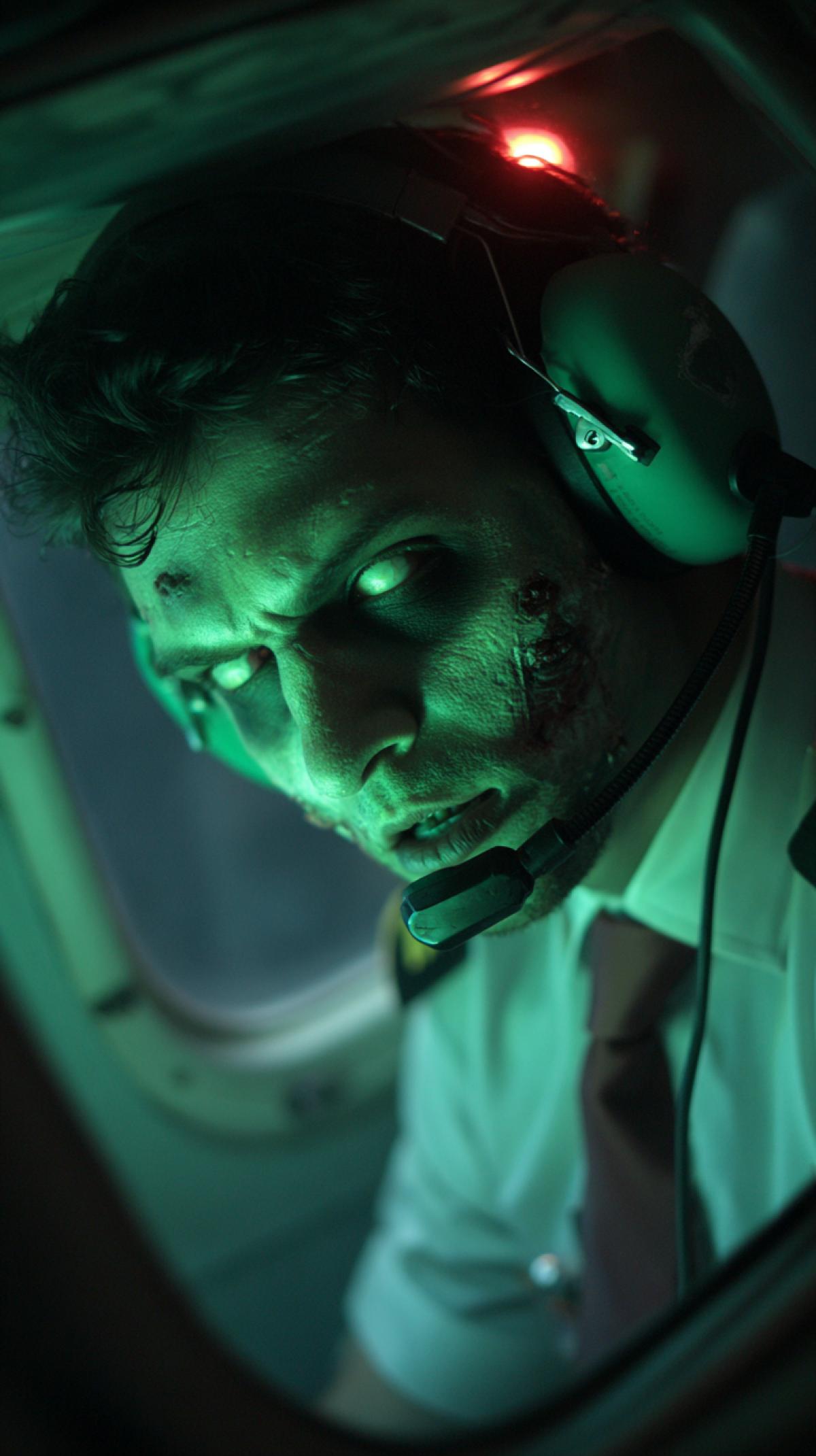 image from the movie, zombie pilots in the cockpit. fantasy, horror