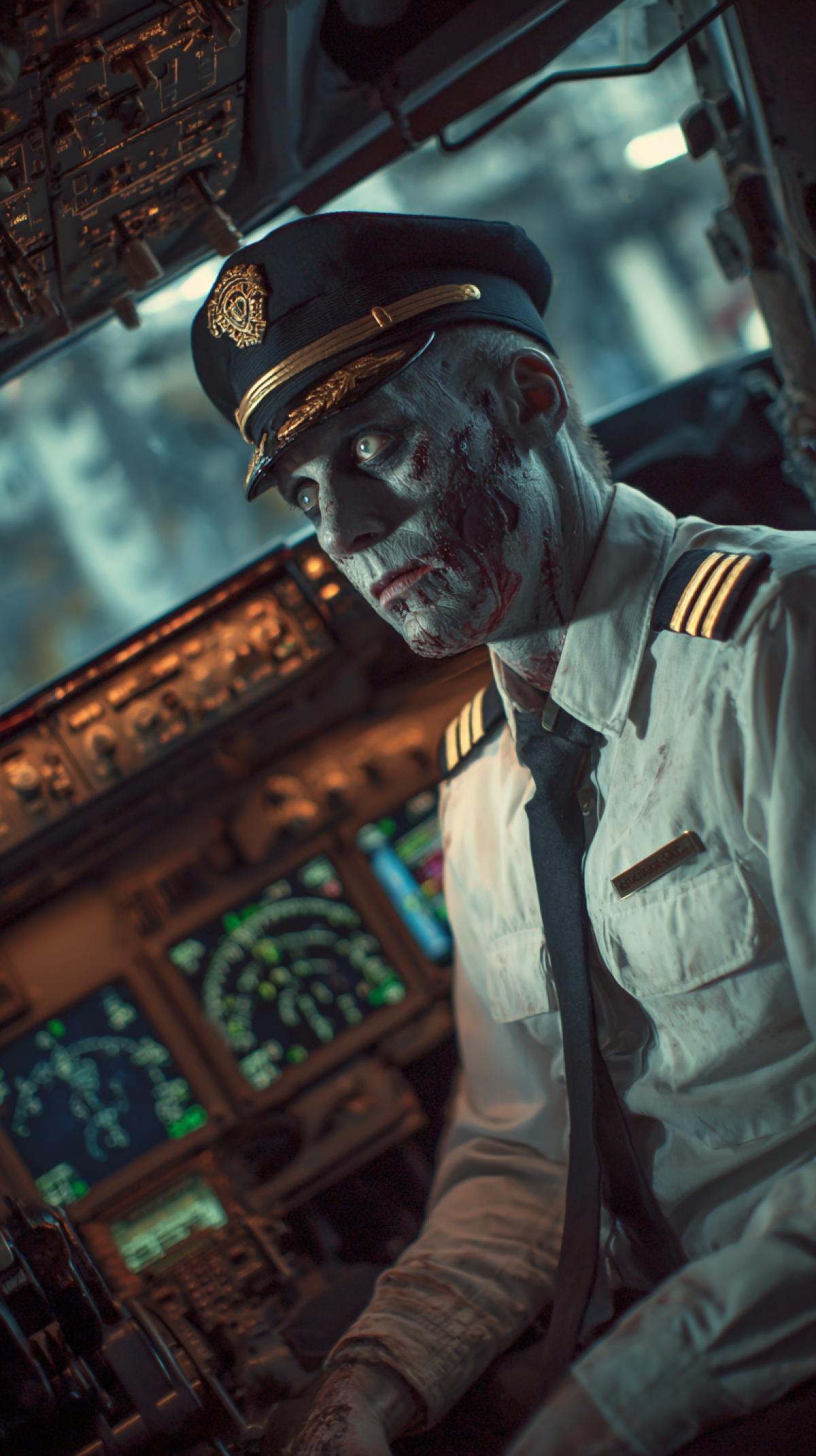 image from the movie, zombie pilots in the cockpit. fantasy, horror