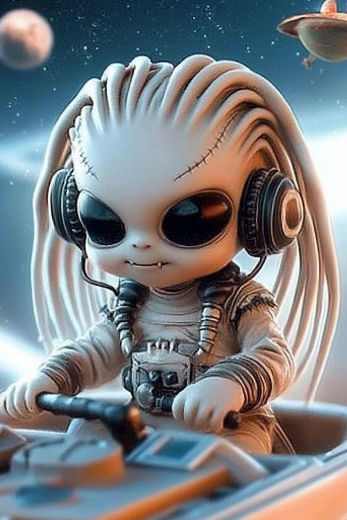 PixAr + cinematography. An adorable baby Predator, with dreadlocks of bone hair fluttering down the sides of his alien head (from a sci-fi movie), at the controls of a small, rusty old plane. Pilot goggles, headphones. Against the backdrop of space: a flying camet, planets, a swirl of stardust.