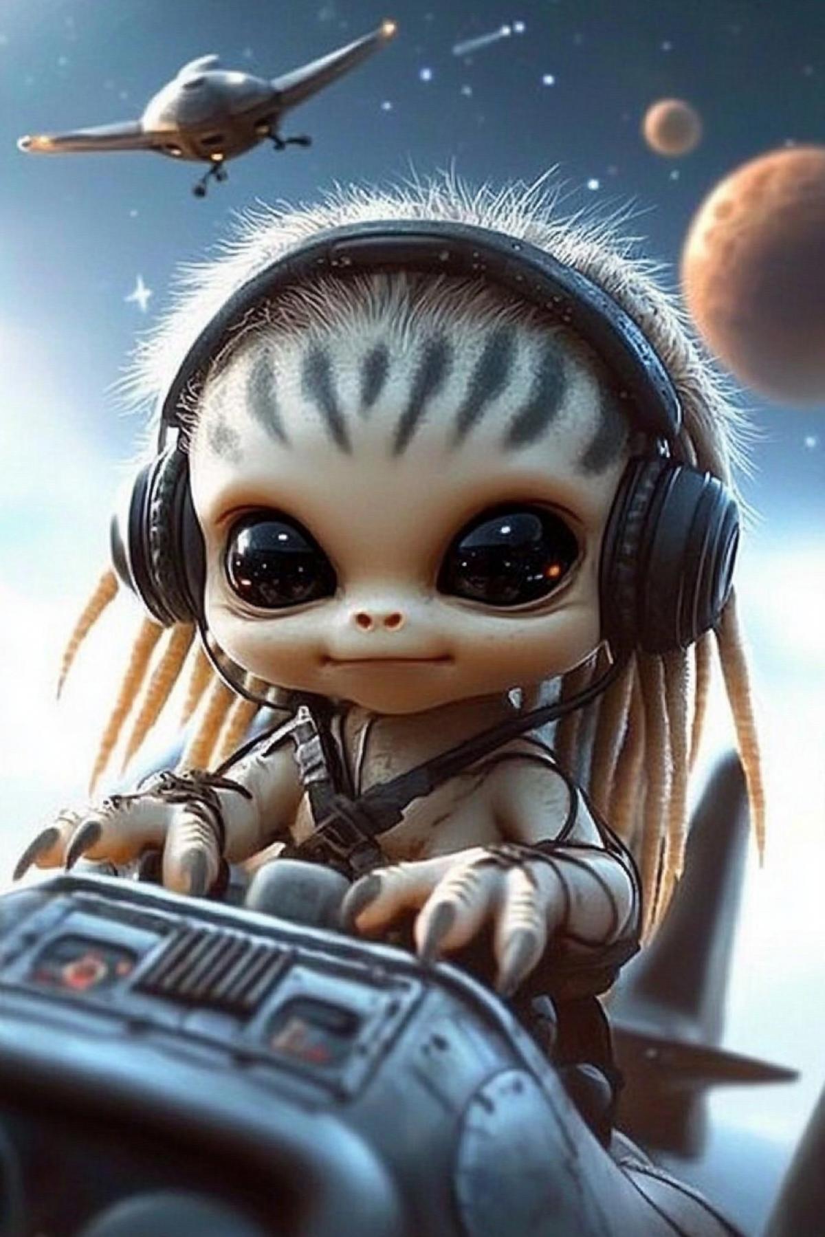 PixAr + cinematography. An adorable baby Predator, with dreadlocks of bone hair fluttering down the sides of his alien head (from a sci-fi movie), at the controls of a small, rusty old plane. Pilot goggles, headphones. Against the backdrop of space: a flying camet, planets, a swirl of stardust.