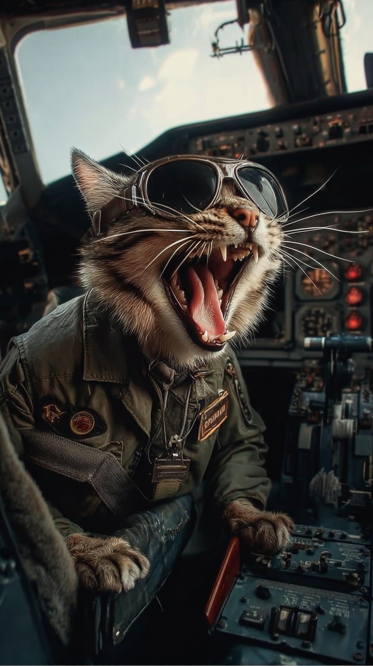 Screaming anthropomorphic cat-pilot, in the cabin of the aircraft, Photoshop