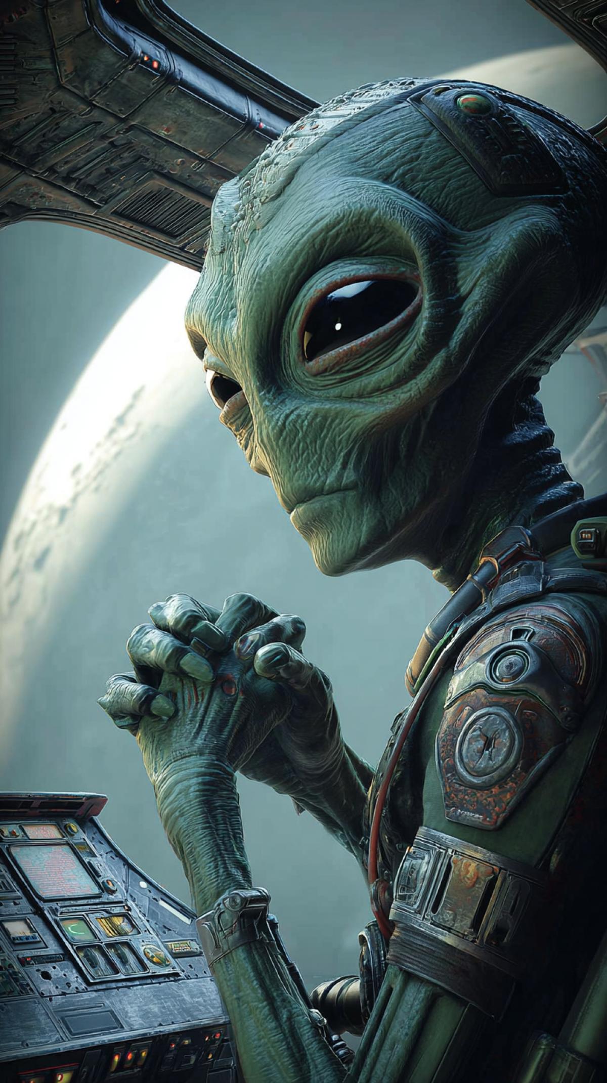 Stock illustration.. Illustration of an alien. 3D illustration of a sci-fi. alien-pilot of an android-alien spaceship. Illustration of an. alien, fantasy
