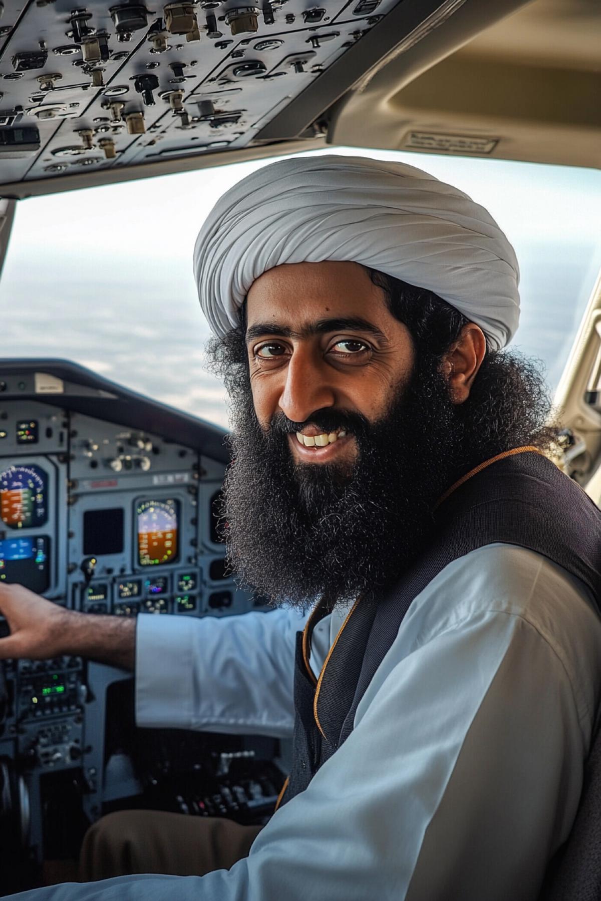 Osama bin Laden in his characteristic attire (white shirt, dark vest, turban) sits in the pilots seat of a Boeing. He smiles contentedly with hands on the yoke. Clear sky visible through cockpit windows at high altitude. Detailed instrument panel in front. Hyperrealism, contrast between traditional appearance and modern aviation technology.