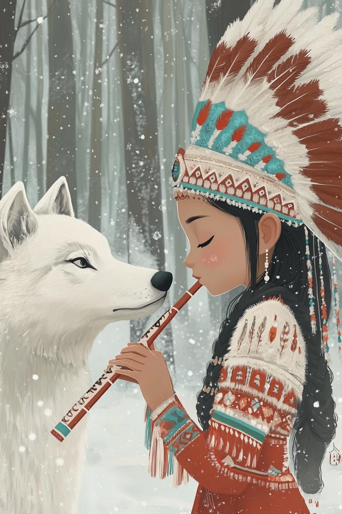 A young g.irl in traditional Shaiana Indian dress plays a flute in a snowy forest. She wears a colorful headdress and is closely guarded by a white wolf. This serene and picturesque scene conveys the atmosphere of a winter day in the forest.