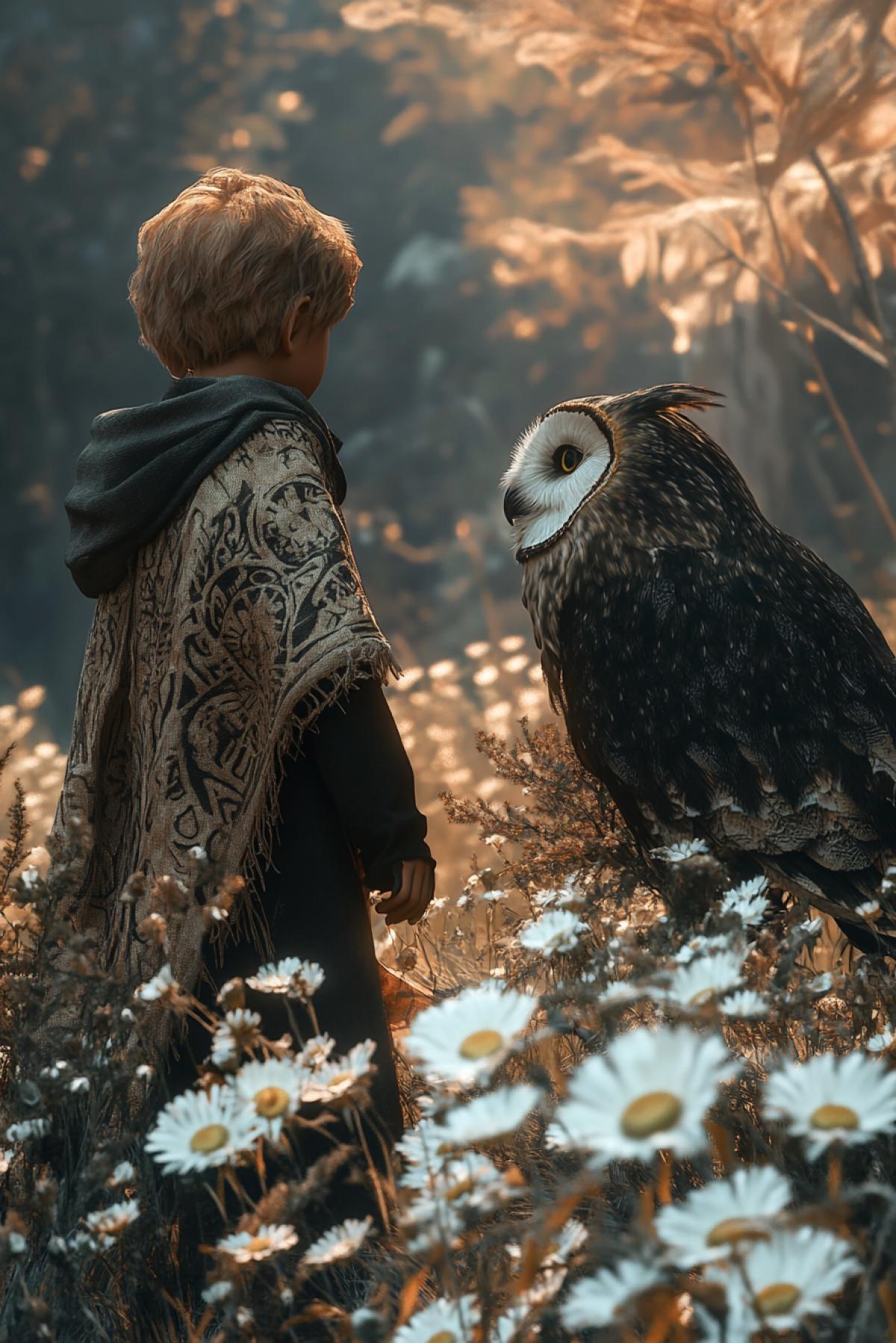 Image of a little shaman boy, adorned with feathers, in a cloak decorated with magical runes, meeting his friend, a big barn owl and a dark cat, on a summer meadow among cornflowers and a growing bush of white rose hips, abstract surrealism. 8K, Unreal Engine, Octane render, cinematic lighting, volumetric lighting, accent lighting, creative, technological, hyperrealistic, professional RGB photography, ray tracing, shadows + balance, white balance, high-quality reflections.