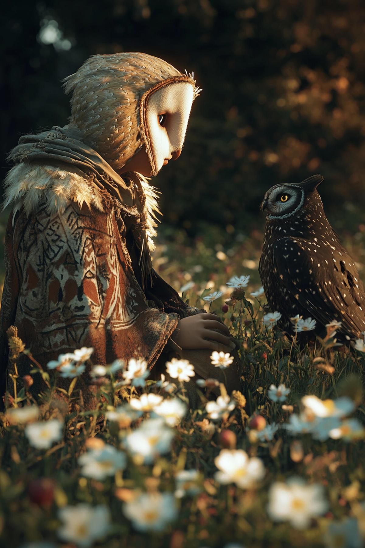 Image of a little shaman boy, adorned with feathers, in a cloak decorated with magical runes, meeting his friend, a big barn owl and a dark cat, on a summer meadow among cornflowers and a growing bush of white rose hips, abstract surrealism. 8K, Unreal Engine, Octane render, cinematic lighting, volumetric lighting, accent lighting, creative, technological, hyperrealistic, professional RGB photography, ray tracing, shadows + balance, white balance, high-quality reflections.