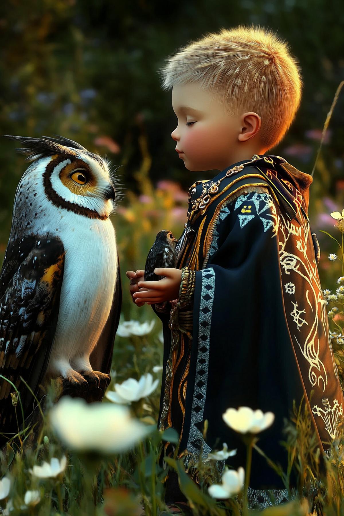 Image of a little shaman boy, baby-doll style, decorated with feathers, in a cloak decorated with magical runes, meeting his friend a big barn owl and a dark cat, on a summer meadow among cornflowers and a growing bush of white rose hips, abstract surrealism. 8K, Unreal Engine, Octane render, cinematic lighting, volumetric lighting, accent lighting, creative, technological, hyperrealistic, professional RGB photography, ray tracing, shadows + balance, white balance, high-quality reflections.