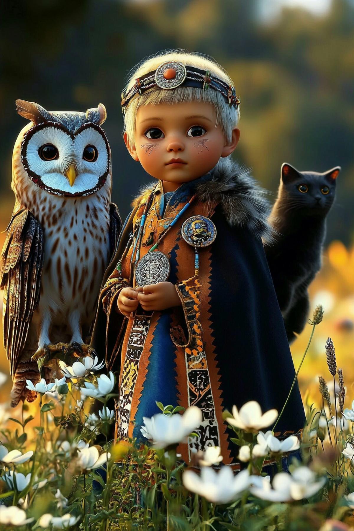 Image of a little shaman boy, baby-doll style, decorated with feathers, in a cloak decorated with magical runes, meeting his friend a big barn owl and a dark cat, on a summer meadow among cornflowers and a growing bush of white rose hips, abstract surrealism. 8K, Unreal Engine, Octane render, cinematic lighting, volumetric lighting, accent lighting, creative, technological, hyperrealistic, professional RGB photography, ray tracing, shadows + balance, white balance, high-quality reflections.