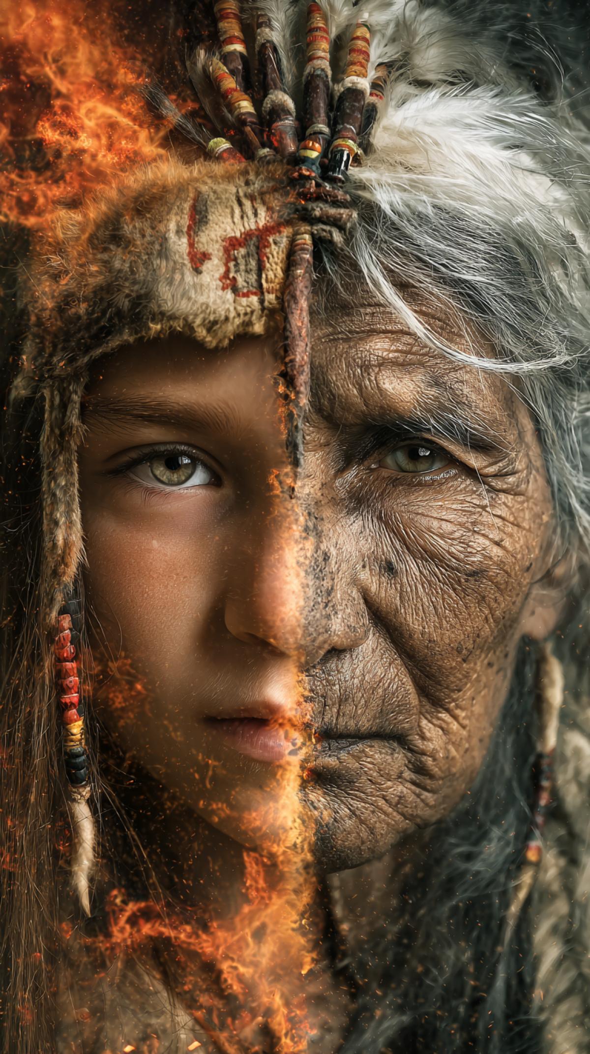 the face is divided into two halves, half of the image is the face of a little girl and half is the face of an old shaman woman with feathers on her head, photoshop, realism, fiery background, horse spirit