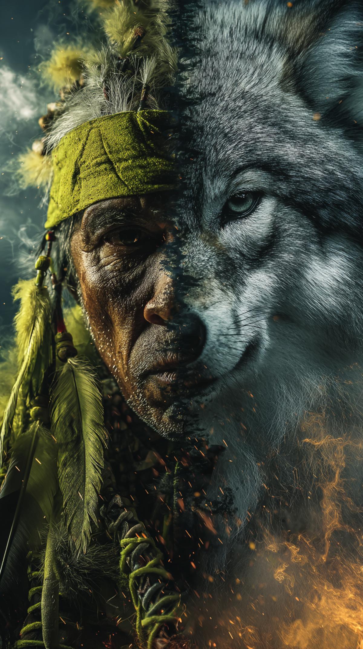 In the photo, the character combines a shaman and a wolf, with the left half representing the shaman and the right half representing the wolf. The shaman represents an old Indian man, while the wolf symbolizes the spirit of the forest, with elements of mountains and forests in the background. The character creates a strong contrast and tension, and the combination of green, gray, and dark creates a dramatic visual effect. The background is a combination of sky and earth to emphasize the character, and the com4k is based on the combination of colors to create a lively and dangerous atmosphere. the character is sitting in front of a campfire, the sparks from the fire, he is holding a tamboyellow water, feathers on his head. Photoshop, realism