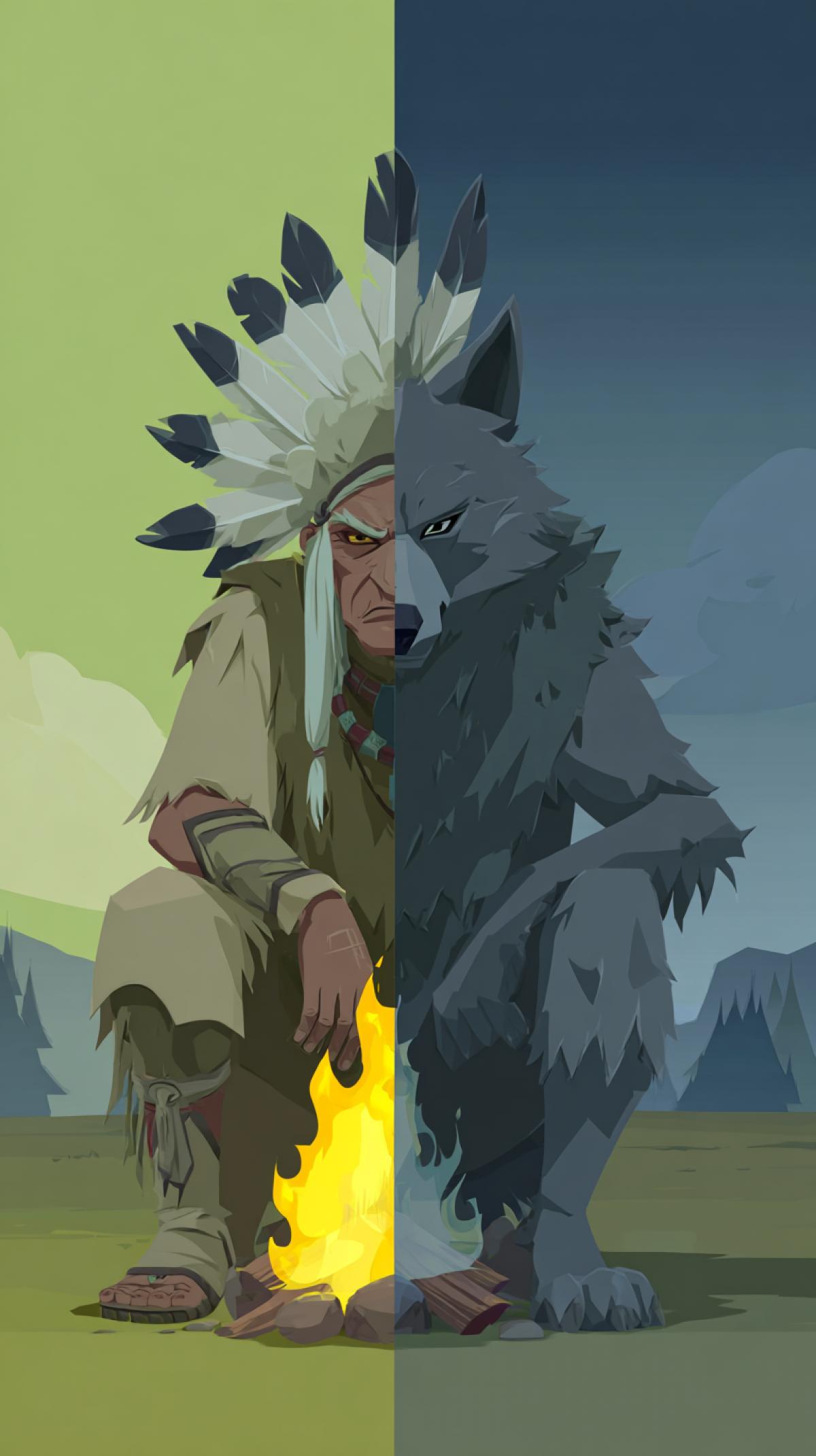 On a simple and straightforward background, the 3D animated character combines a shaman and a wolf, with the left half representing the shaman and the right half representing the wolf. The shaman represents an old Indian man, while the wolf symbolizes the spirit of the forest, with elements of mountains and forests in the background. The character creates a strong contrast and tension, and the combination of green, gray, and dark creates a dramatic visual effect. The background features a sky and earth to emphasize the character, and the com4k is based on a combination of colors to create a lively and dangerous atmosphere. the character is sitting in front of a campfire, holding a tamboyellow water and wearing feathers on his head