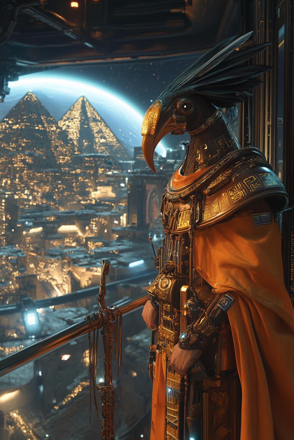 A bizarre Egyptian shaman-sorcerer with golden hieroglyphs inscribed on his clothes and floating in space. The sorcerer is wearing a large Ibis bird head mask, an orange fluttering chiton, and a staff. In the cyberpunk + antique style, he stands on the captains bridge of an elegant spaceship, looking at the pyramids in a futuristic city of the future. Next to him is a futuristic train hovering above the Earth on hovering rails, illuminated by bright lights. This fantasy picture, set in the year 2300, depicts a dream city made with Egyptian hieroglyphs in a hyperrealistic manner. Still from a movie, high detail, 8K, Unreal Engine, Octane render, cinematic lighting, volumetric lighting, accent lighting, creative, technological, hyperrealistic, professional RGB photography, ray tracing, shadows + balance, white balance, high-quality reflections.