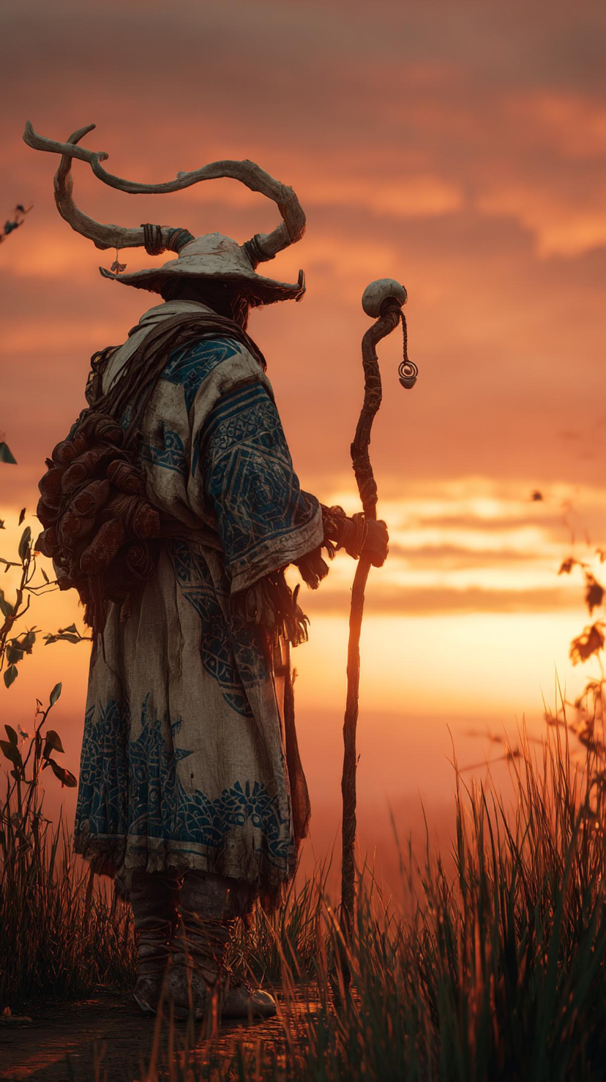 The mystical world of primitive magic and the mighty conductor between the worlds at sunset is a shaman that owns ancient knowledge and the power of nature.