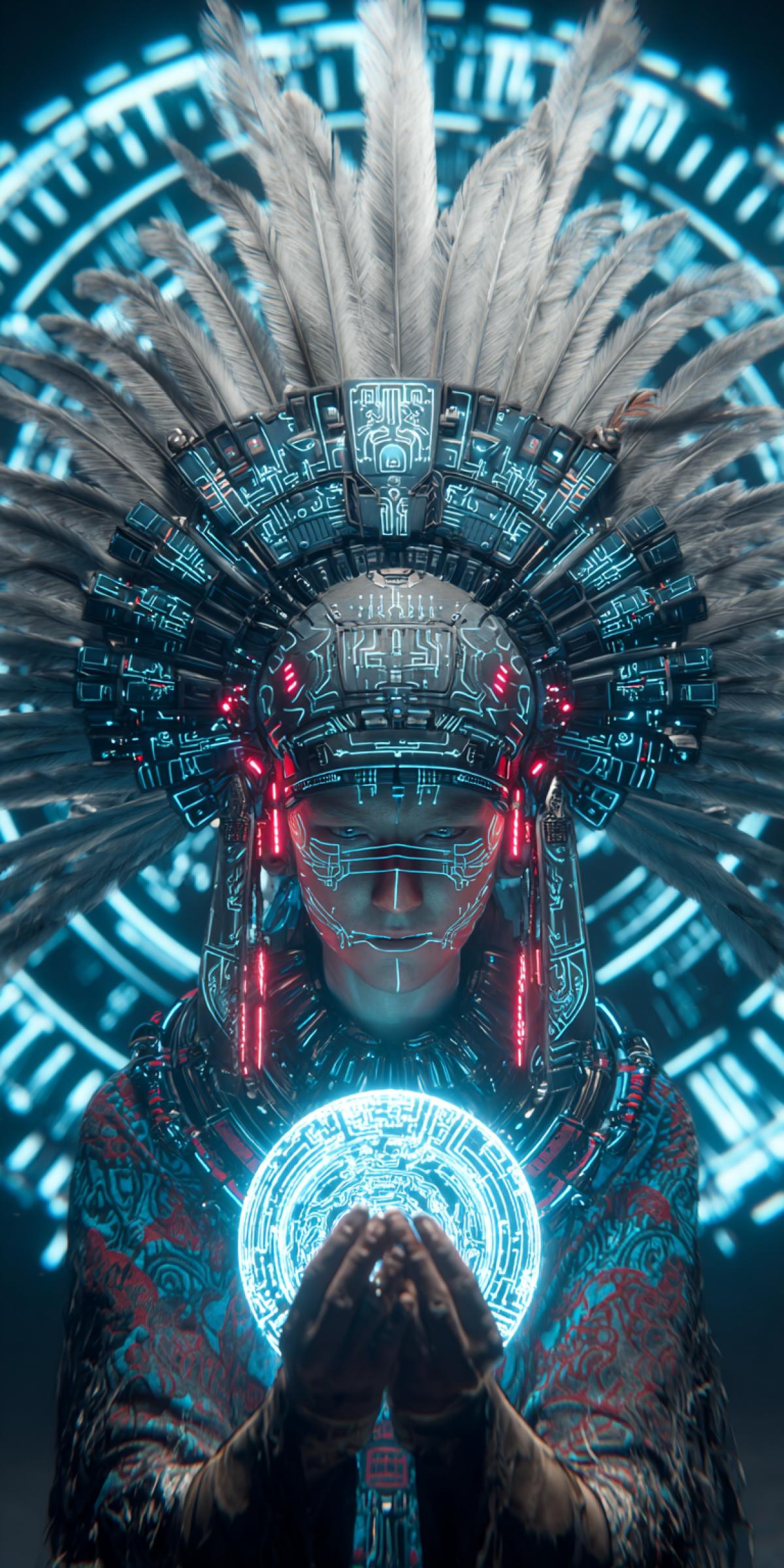 A futuristic shaman wearing a neon-lit headdress made of circuit boards and owl feathers. Instead of a traditional drum, he holds a floating holographic sphere projecting ancient symbols that pulse to the sound of electronic beats. Behind him a cyberpunk cityscape with data streams forming animal spirits. 16K sci-fi realism, style of ‘Cyberpunk 2077’ mixed with indigenous patterns, vibrant glow effects