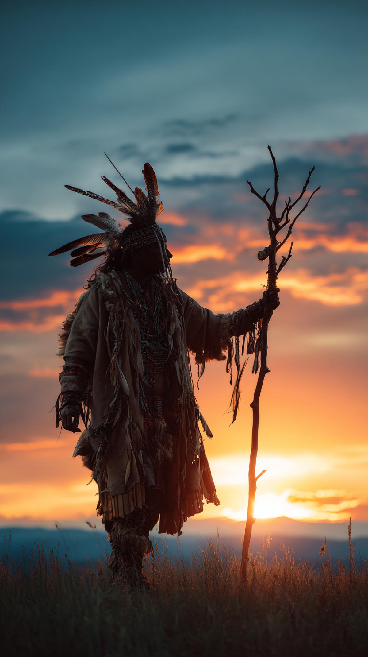 The mystical world of primitive magic and the mighty conductor between the worlds at sunset is a shaman that owns ancient knowledge and the power of nature.