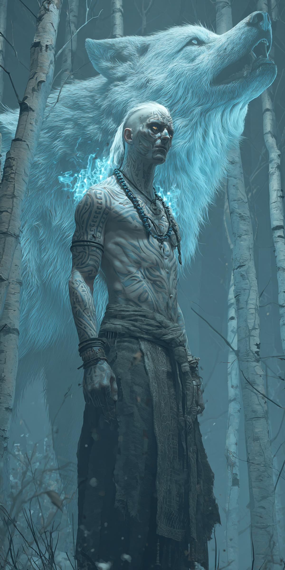 An albino shaman with darkened eyes, his skin covered in tattoos that move like liquid shadows. He stands in a birch forest at twilight, and his elongated shadow grows into a big wolf shape. The trees around him have carvings that glow faintly blue. 12K dark fantasy, style of ‘The Witcher’ concept art, ultra-detailed textures