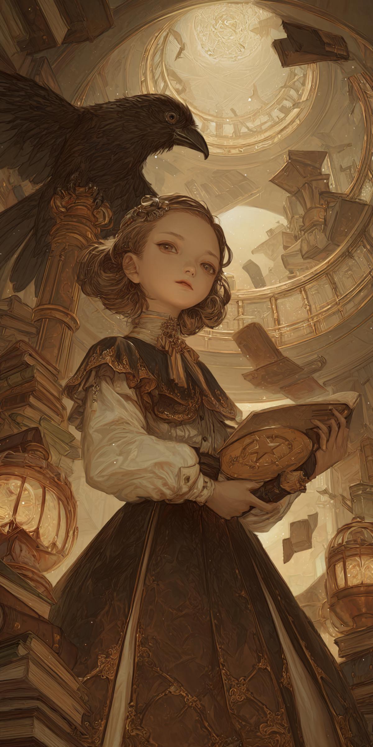 Elara, a wisp of a girl luxuryly ten, dwarfed by the oversized shamanic robes that pooled around her tiny feet, murmured secrets into the ear of a mechanical raven. Clockwork gears, intricate and gleaming, whirred faintly beneath its feathery plumage. Her drum, a pocket watch shimmering with ethereal light, drifted weightlessly before her, its face a swirling nebula. Constellations mirrored in the depths of her wide, dark eyes. Around her, in the levitating library, books drifted like silent, sentient clouds, bathed in the warm glow of unseen lamps. The scene hummed with a whimsical energy, a fantastical blend of Hayao Miyazaki’s artistry and the intricate gears of a steampunk inventors dream.