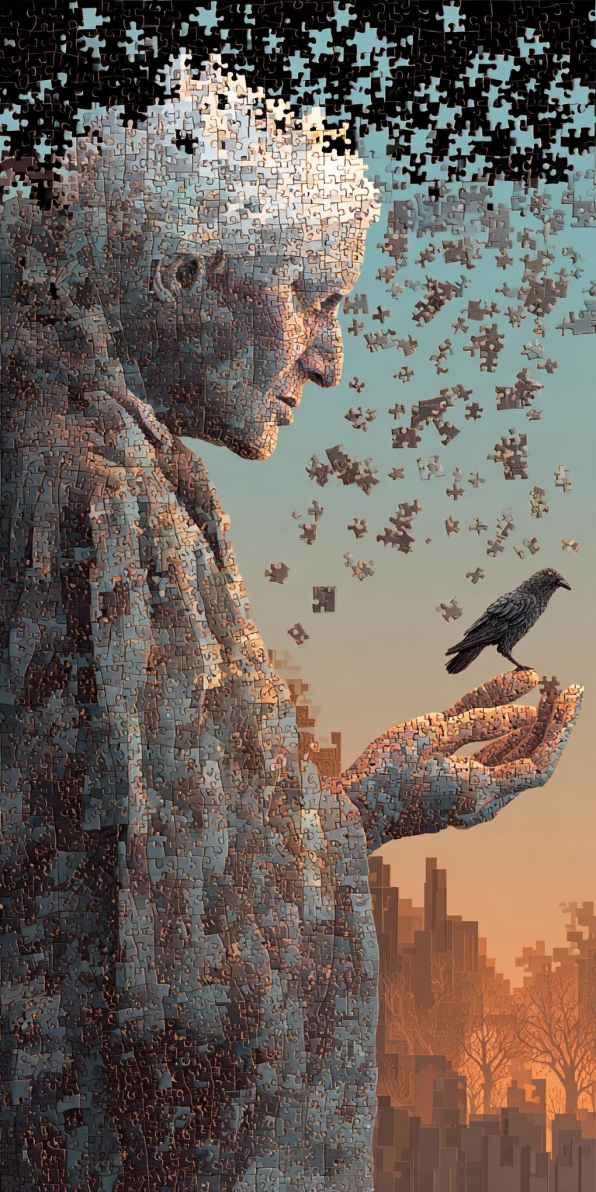 A being com4kd of puzzle pieces that rearrange constantly: one moment its an old woman, next a child, then a raven. With each transformation, the background subtly shifts (forest → desert → city). The only constant is their outstretched hand holding an impossible object (like a burning snowflake). 16K surrealism, style of MC Escher meets Dali.