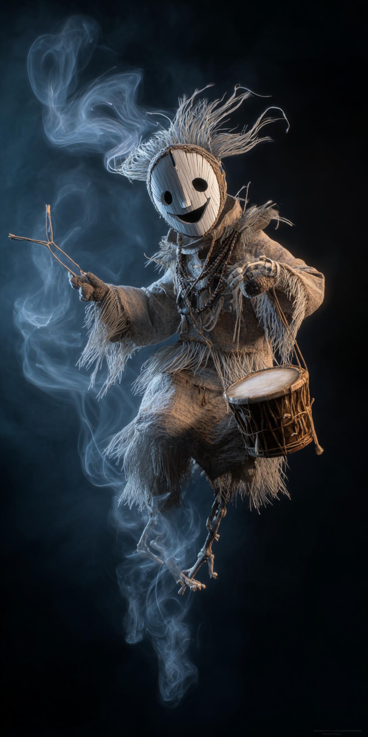 An empty shamanic costume floating mid-air, animated by swirling shadows that form limbs when moving. The mask hovers separately, its expression changing from smile to scream as unseen forces manipulate it. Around it floating ritual objects: a drum that beats on its own, bones assembling into temporary symbols. 12K dark fantasy, style of stop-motion Laika Studios with Tim Burtons aesthetic