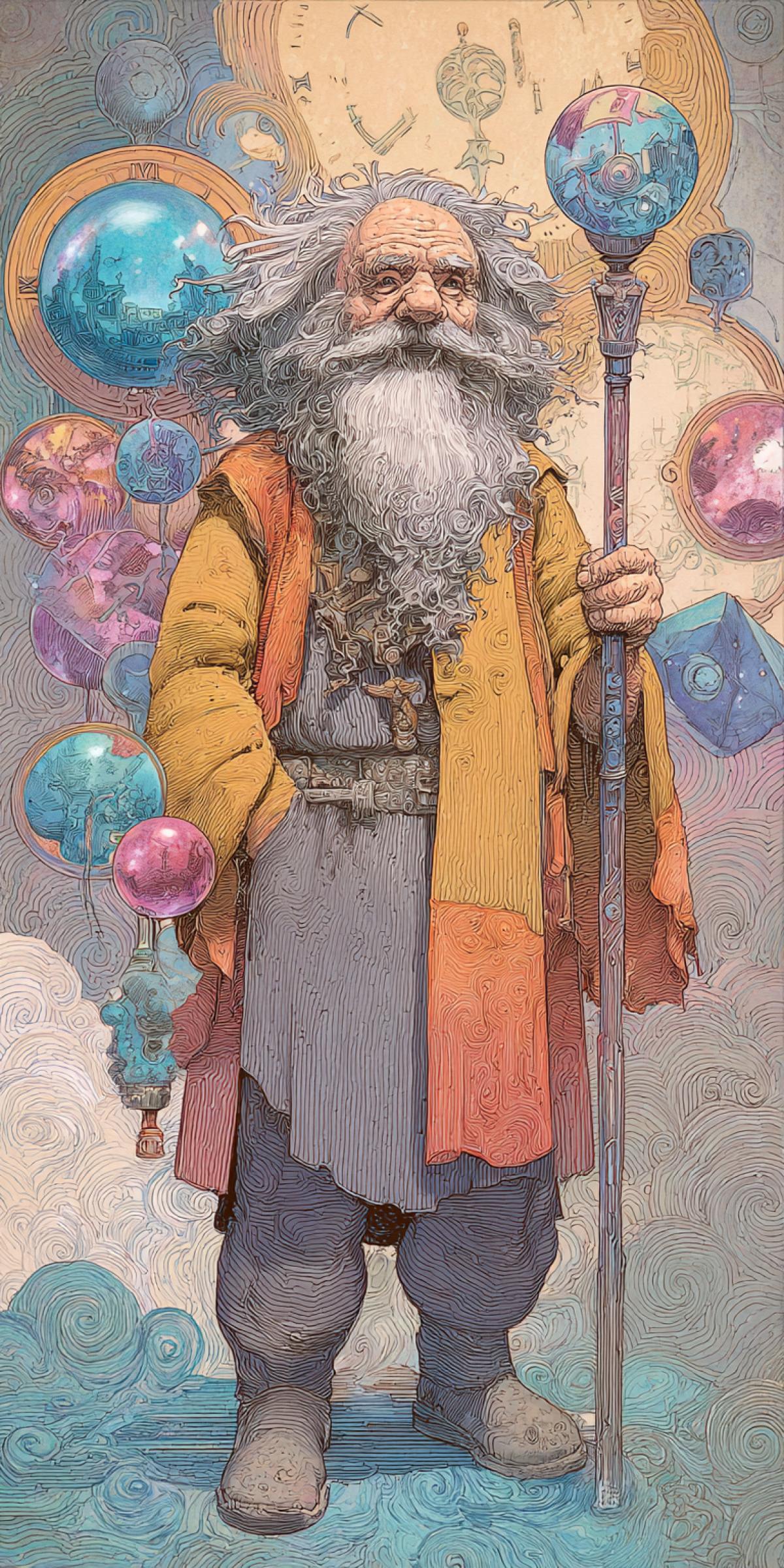 An ancient shaman whose beard is woven from cascading hourglasses, each grain of sand containing a tiny scene from human history. His eyes show galaxies being born and dying, and his staff is a frozen lightning bolt splitting into parallel timelines. Around him floating clocks with missing hands, stuck at moments of collective trauma or joy. 16K surrealism, style of Moebius meets Salvador Dalí, with iridescent time distortions