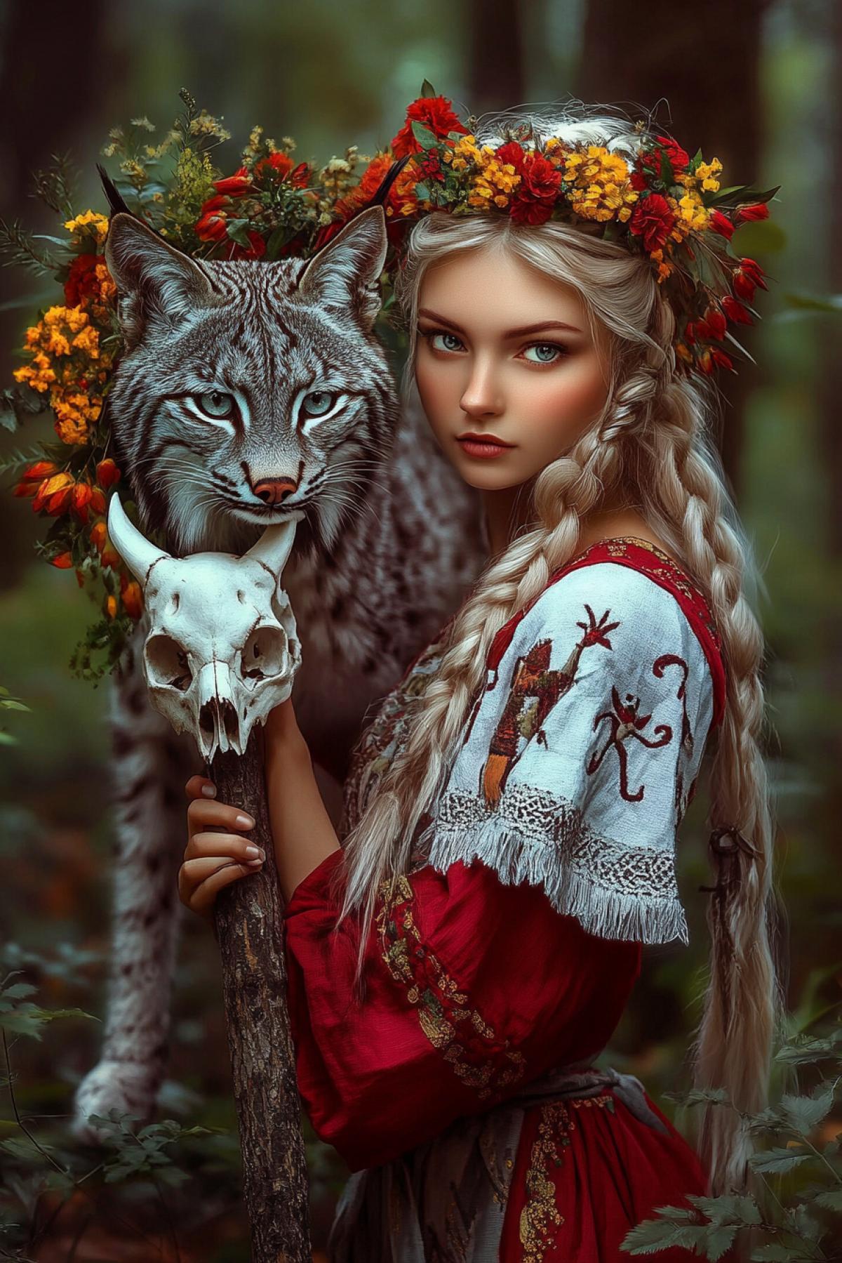 Fantasy, colorful, bright, magical; Magic forest. A young female shaman-witch leans on a staff with a white animal skull. The shaman is beautiful, fair-haired and gray-eyed. She is dressed in a Slavic red sarafan and a white shirt with runes. Her hair is braided, her head is decorated with a lush wreath of wild flowers. In front of her stands a lynx, a totem animal that creates a sense of protection