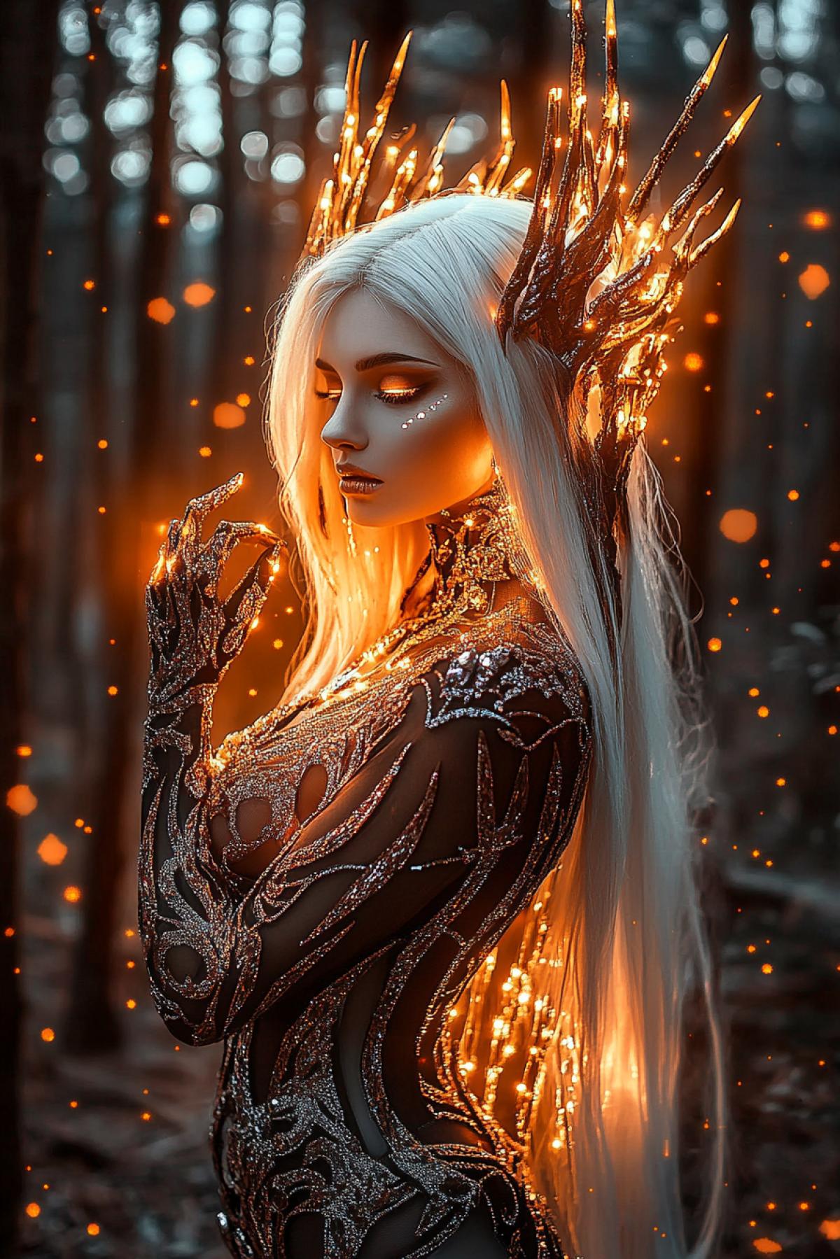 cinematic 4k, key visual effect, sensory overload, luxurious queen of forest travel outfits in shimmering gold and crystals, soft lighting, golden hour lighting, christmas twilight, magic and mystery