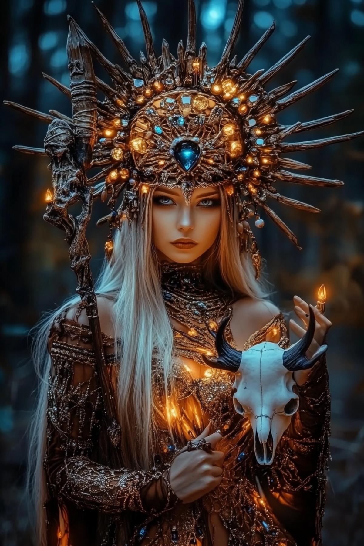 cinematic 4k, key visual effect, sensory overload, luxurious forest shaman queen travel attire of shimmering gold and crystals holding a staff with a white animal skull, soft lighting, golden hour lighting, christmas twilight, magic and mystery