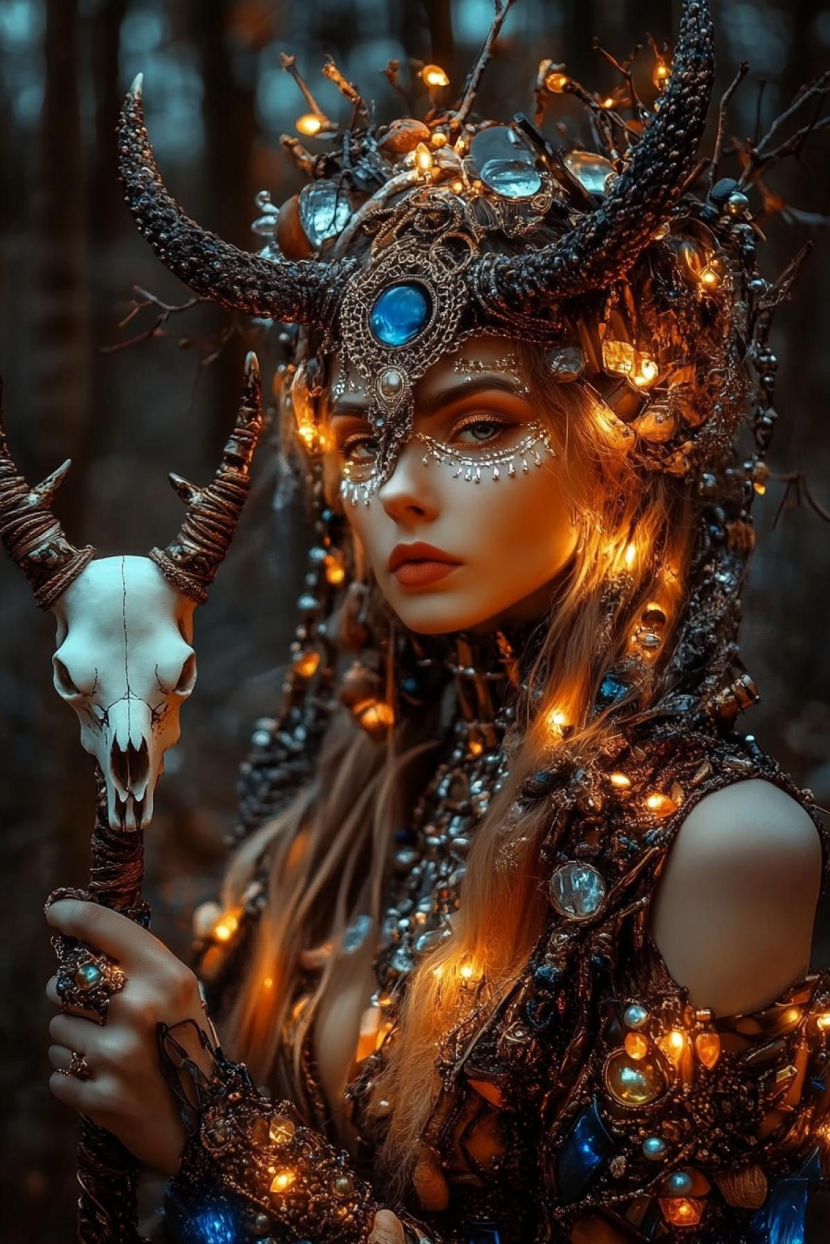 cinematic 4k, key visual effect, sensory overload, luxurious forest shaman queen travel attire of shimmering gold and crystals holding a staff with a white animal skull, soft lighting, golden hour lighting, christmas twilight, magic and mystery