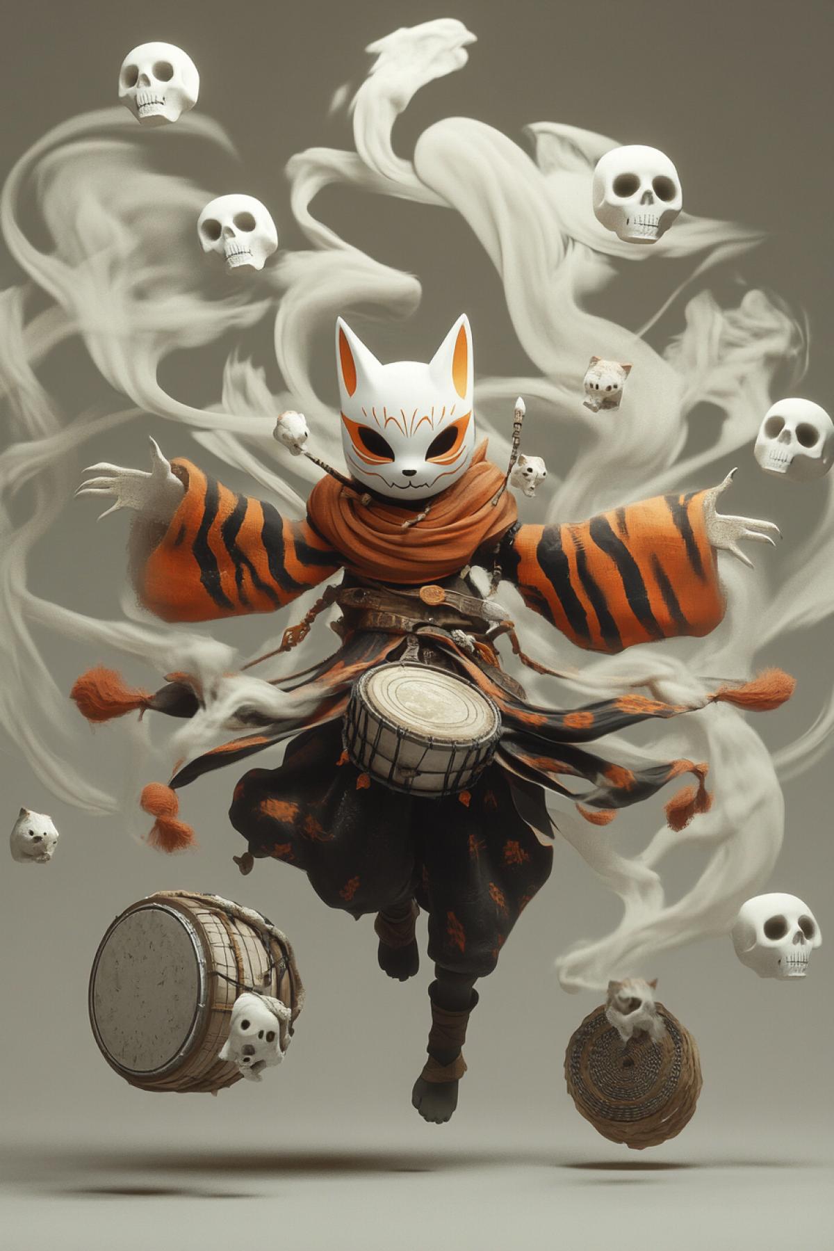 3d. Kawaii sorcerer in shaman costume hovers-levitates in the air, animated by swirling shadows, White mask with orange stripes. Shaman has nine fox tails. Around him floating ritual objects: drum that beats by itself, smoke, bones, skulls, folding into time symbols,dark fantasy, stop motion style, Laika Studios, Tim Burton aesthetics.