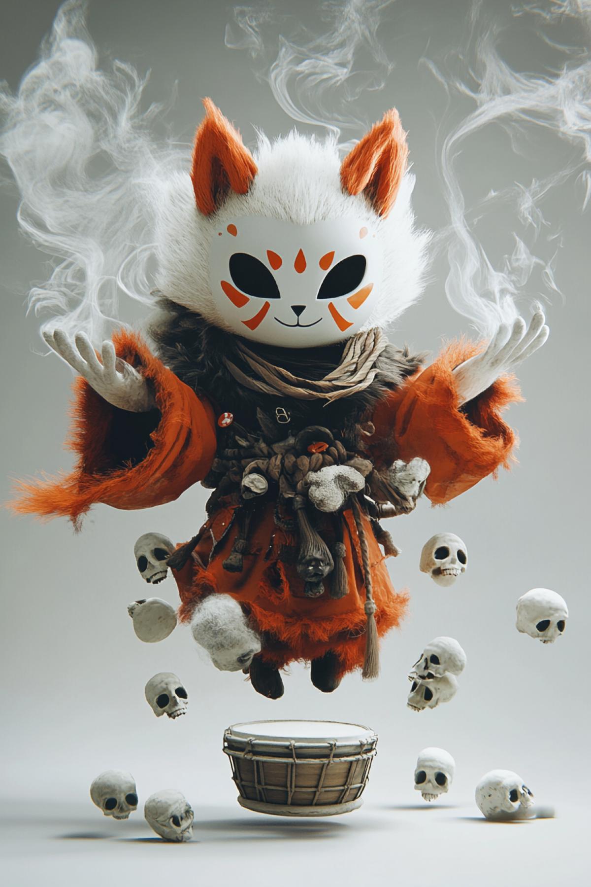 3d. Kawaii sorcerer in shaman costume hovers-levitates in the air, animated by swirling shadows, White mask with orange stripes. Shaman has nine fox tails. Around him floating ritual objects: drum that beats by itself, smoke, bones, skulls, folding into time symbols,dark fantasy, stop motion style, Laika Studios, Tim Burton aesthetics.