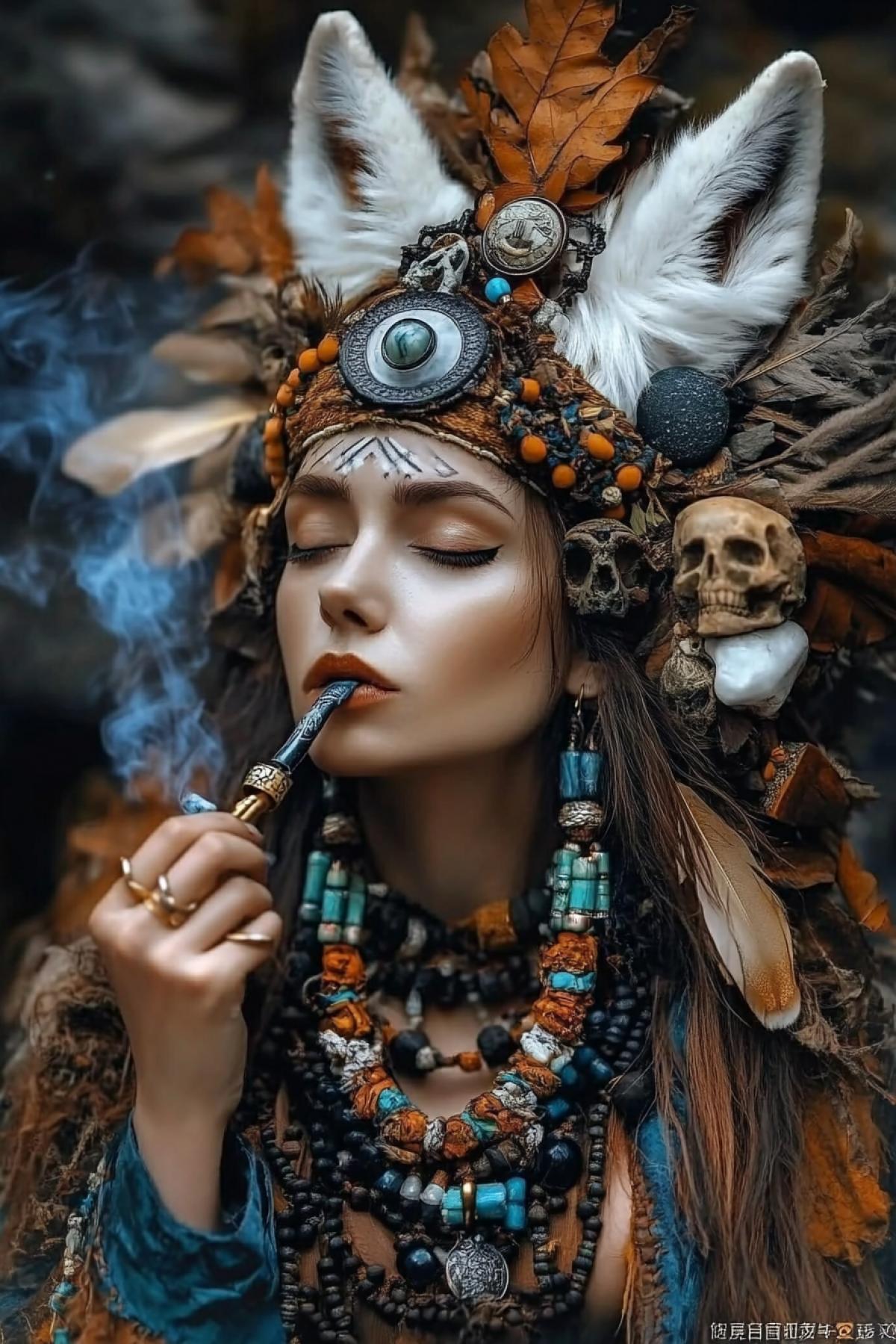 Minimalist plot, duality and sparseness, micro art, big white she-wolf + leaves + female shaman, smoking a pipe, beads and small bones. Headdress made of bird feathers. Landscape, depth of field. Female figure turning into color blocks, rusty wood texture, moss stone structure, charcoal gray textile folds, turquoise woven pattern, indigo fabric, basalt background, occlusion shadows, rare style of tactile realism, textural depth, minimalist industrial fusion.