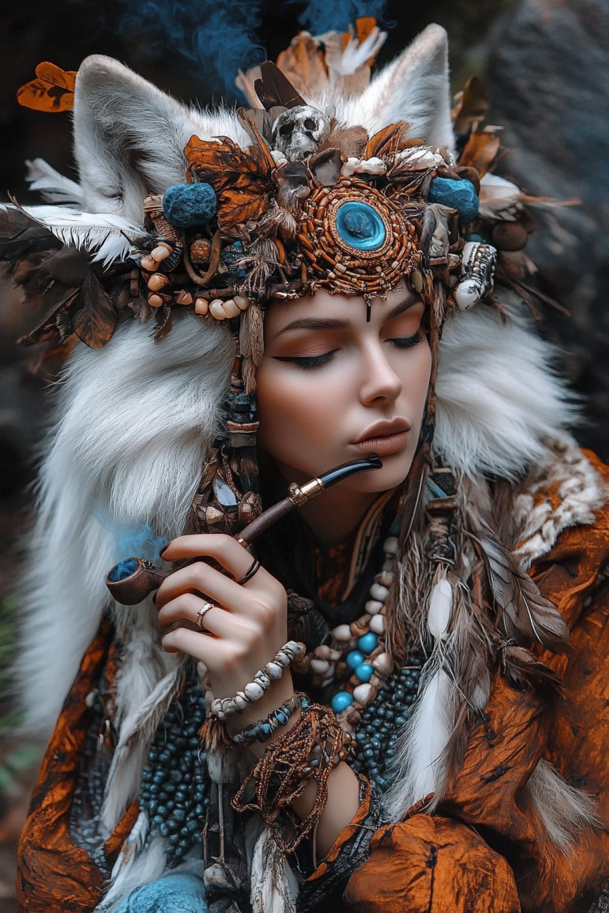 Minimalist plot, duality and sparseness, micro art, big white she-wolf + leaves + female shaman, smoking a pipe, beads and small bones. Headdress made of bird feathers. Landscape, depth of field. Female figure turning into color blocks, rusty wood texture, moss stone structure, charcoal gray textile folds, turquoise woven pattern, indigo fabric, basalt background, occlusion shadows, rare style of tactile realism, textural depth, minimalist industrial fusion.
